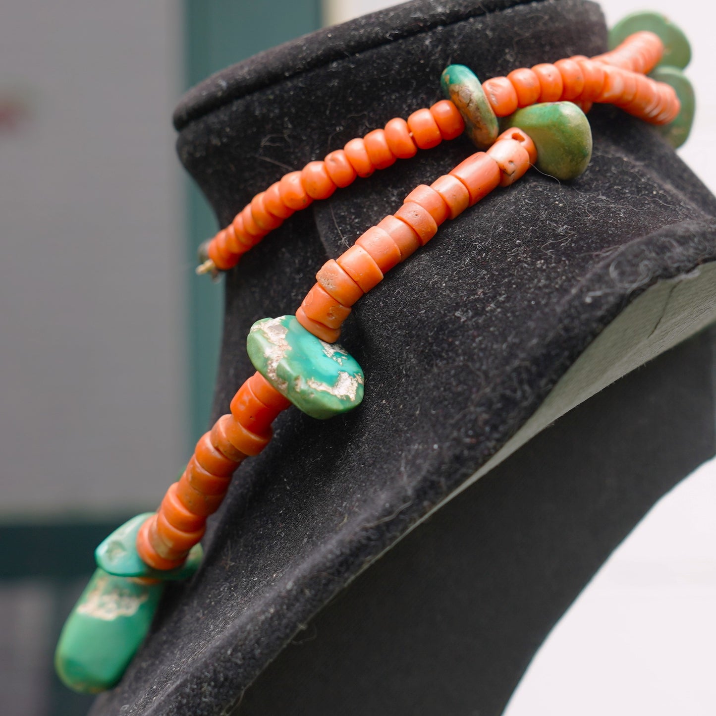 Natural Coral Necklace With Green Cerrillos Turquoise Tabs