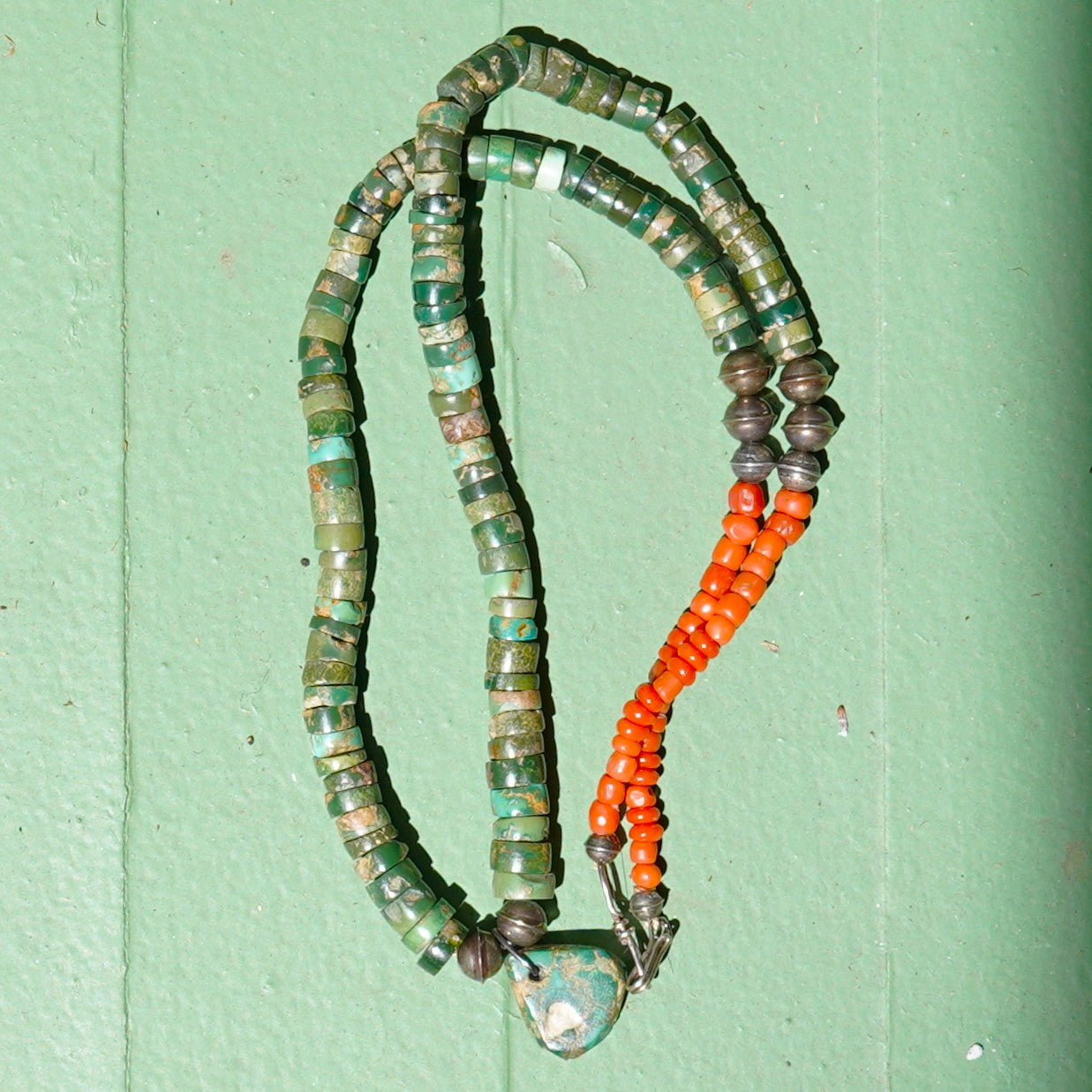 Old Green Turquoise Jacla Necklace With Coral Accents