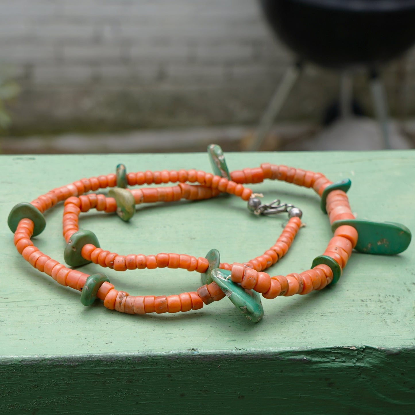 Natural Coral Necklace With Green Cerrillos Turquoise Tabs