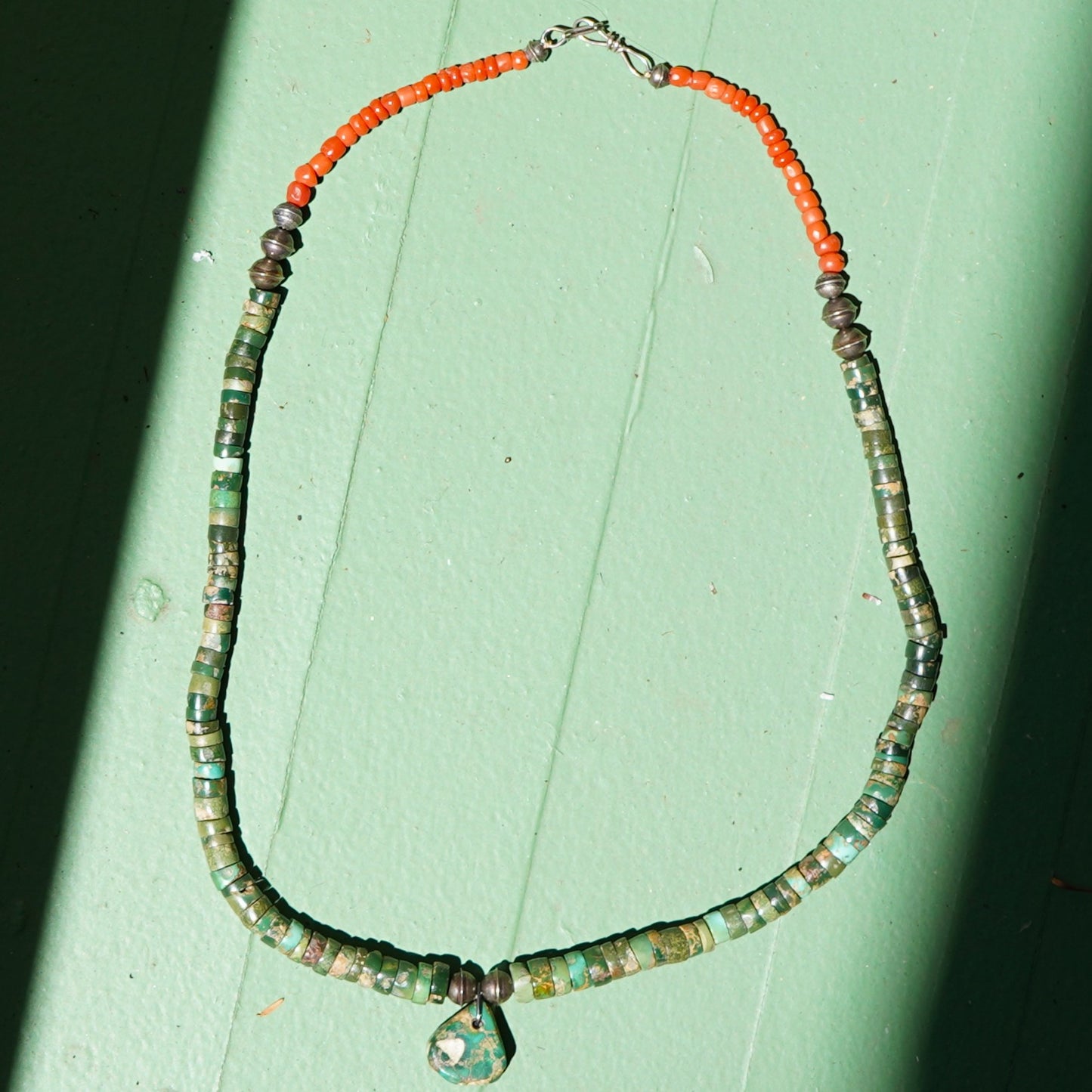 Old Green Turquoise Jacla Necklace With Coral Accents