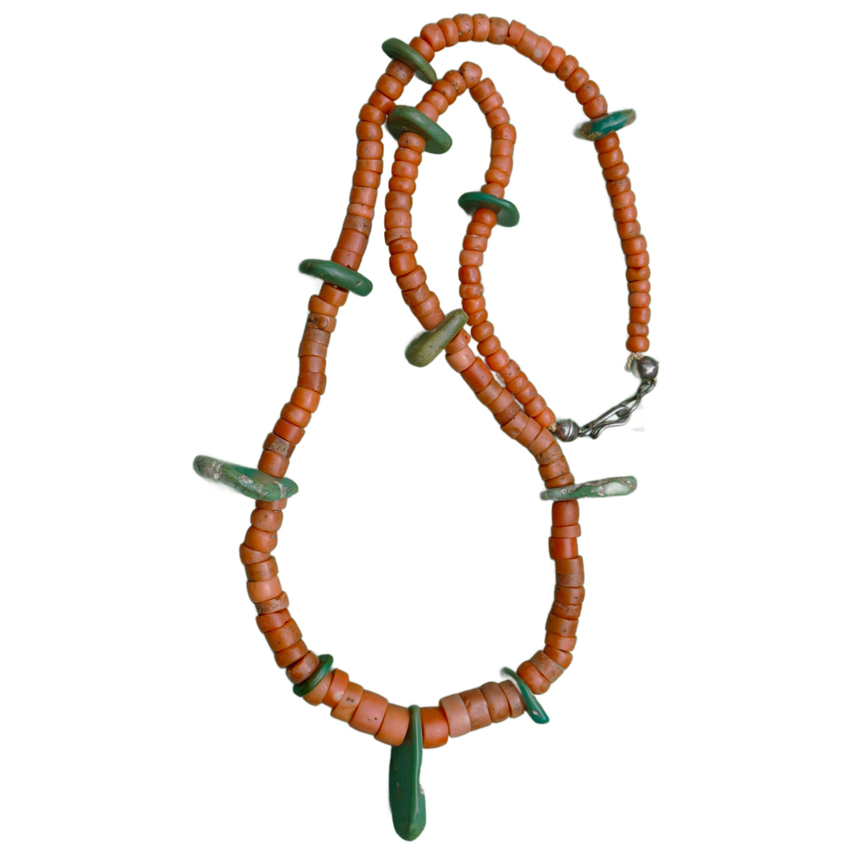Natural Coral Necklace With Green Cerrillos Turquoise Tabs
