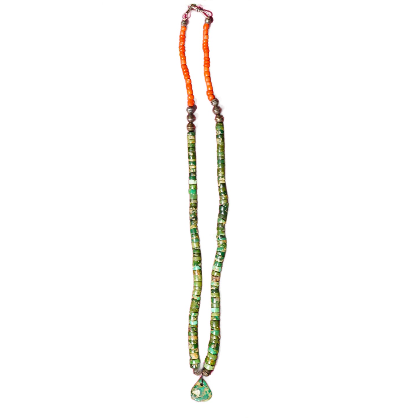 Old Green Turquoise Jacla Necklace With Coral Accents