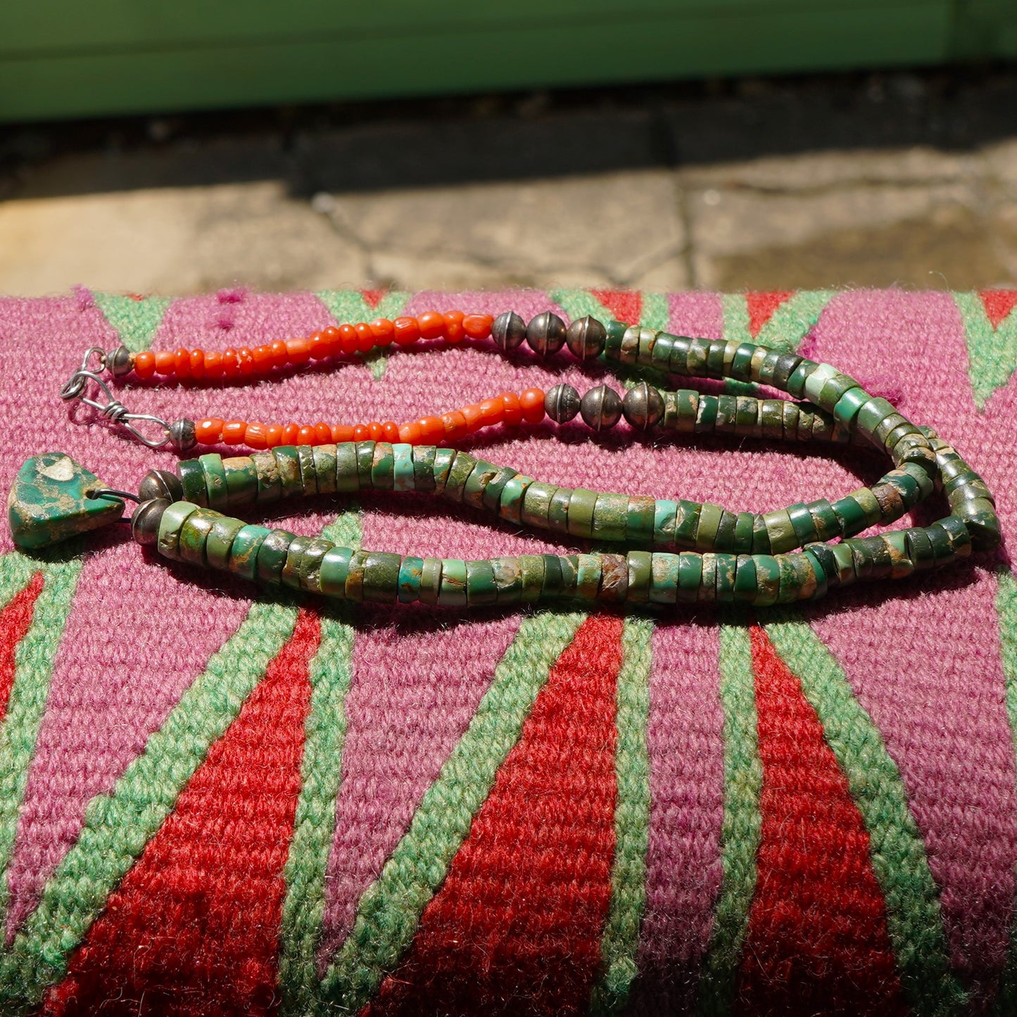 Old Green Turquoise Jacla Necklace With Coral Accents