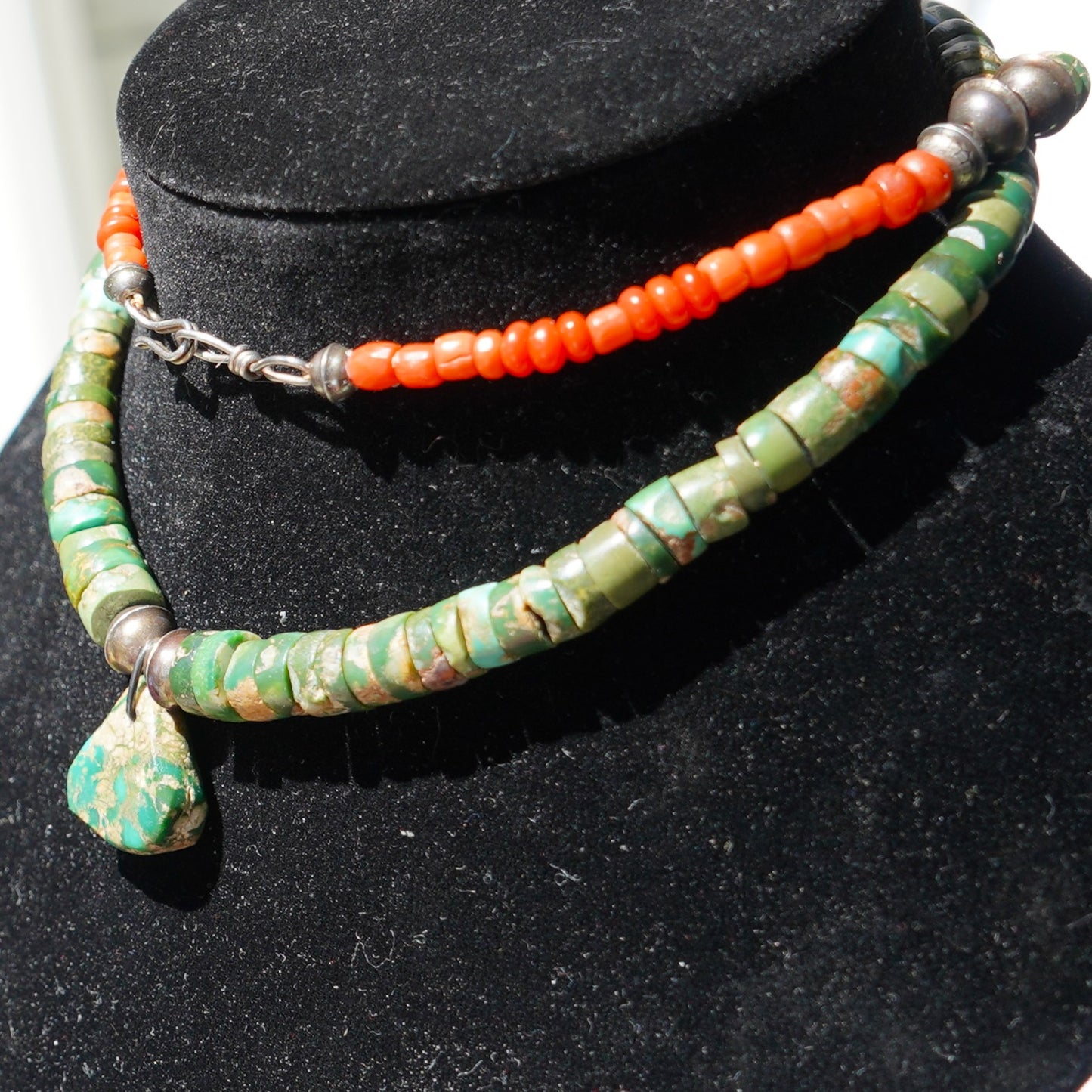 Old Green Turquoise Jacla Necklace With Coral Accents