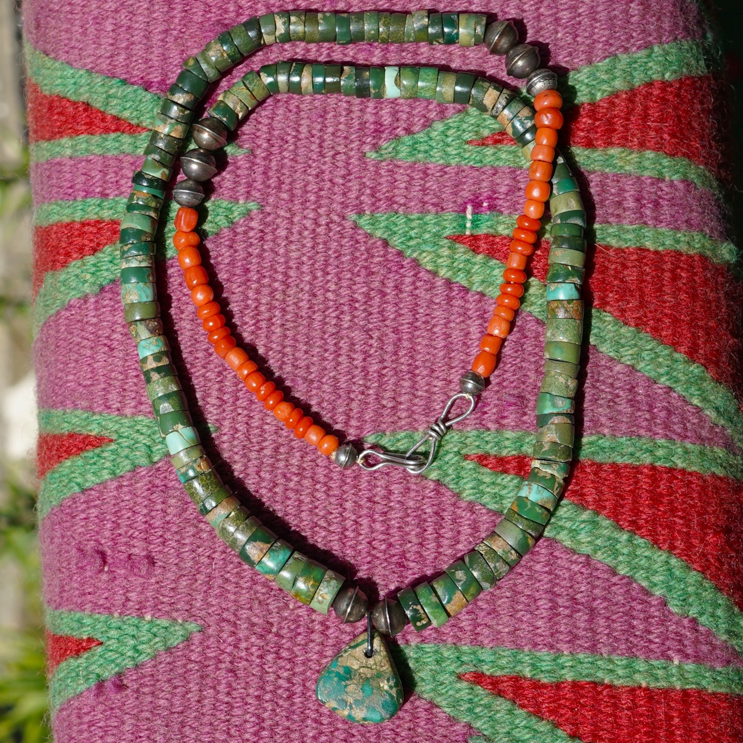 Old Green Turquoise Jacla Necklace With Coral Accents