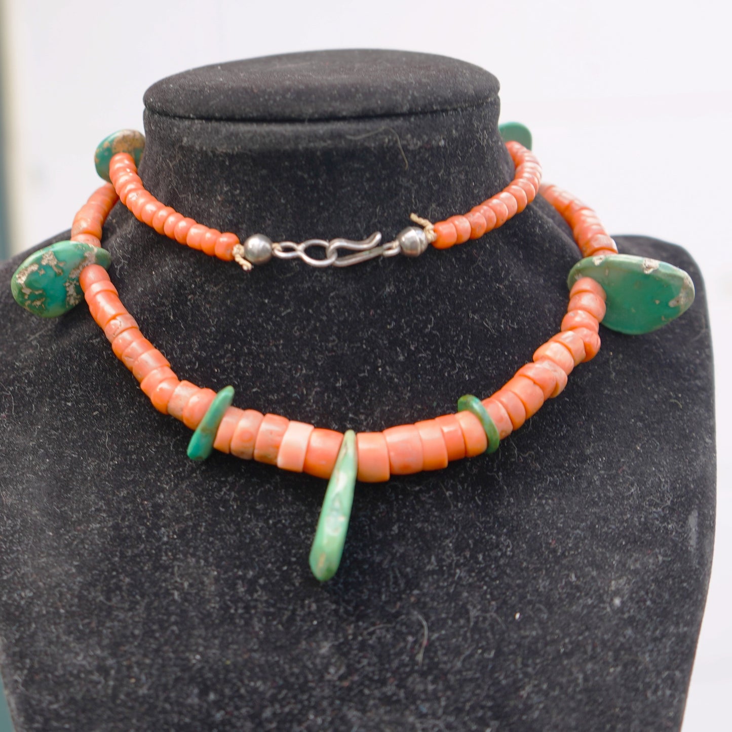 Natural Coral Necklace With Green Cerrillos Turquoise Tabs