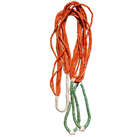 Six Strand Coral Necklace With Green Jacla