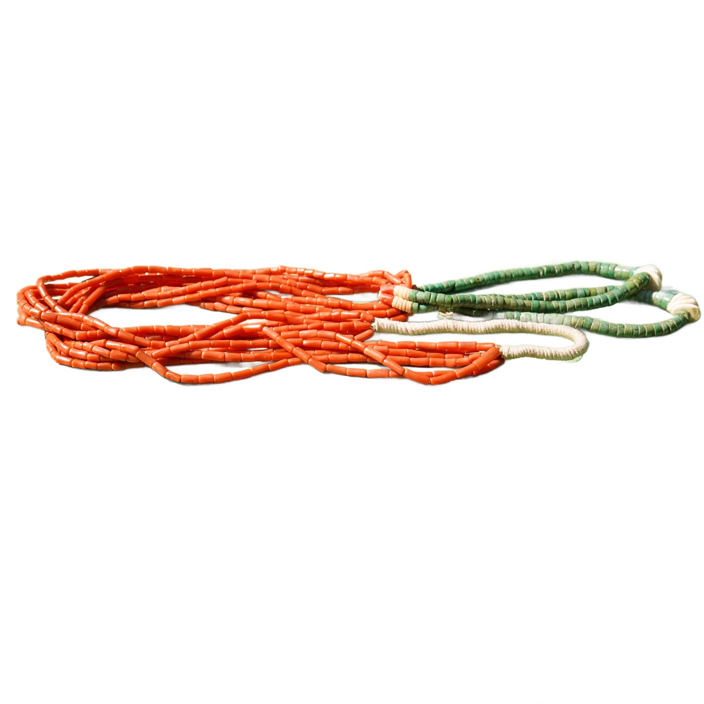 Six Strand Coral Necklace With Green Jacla