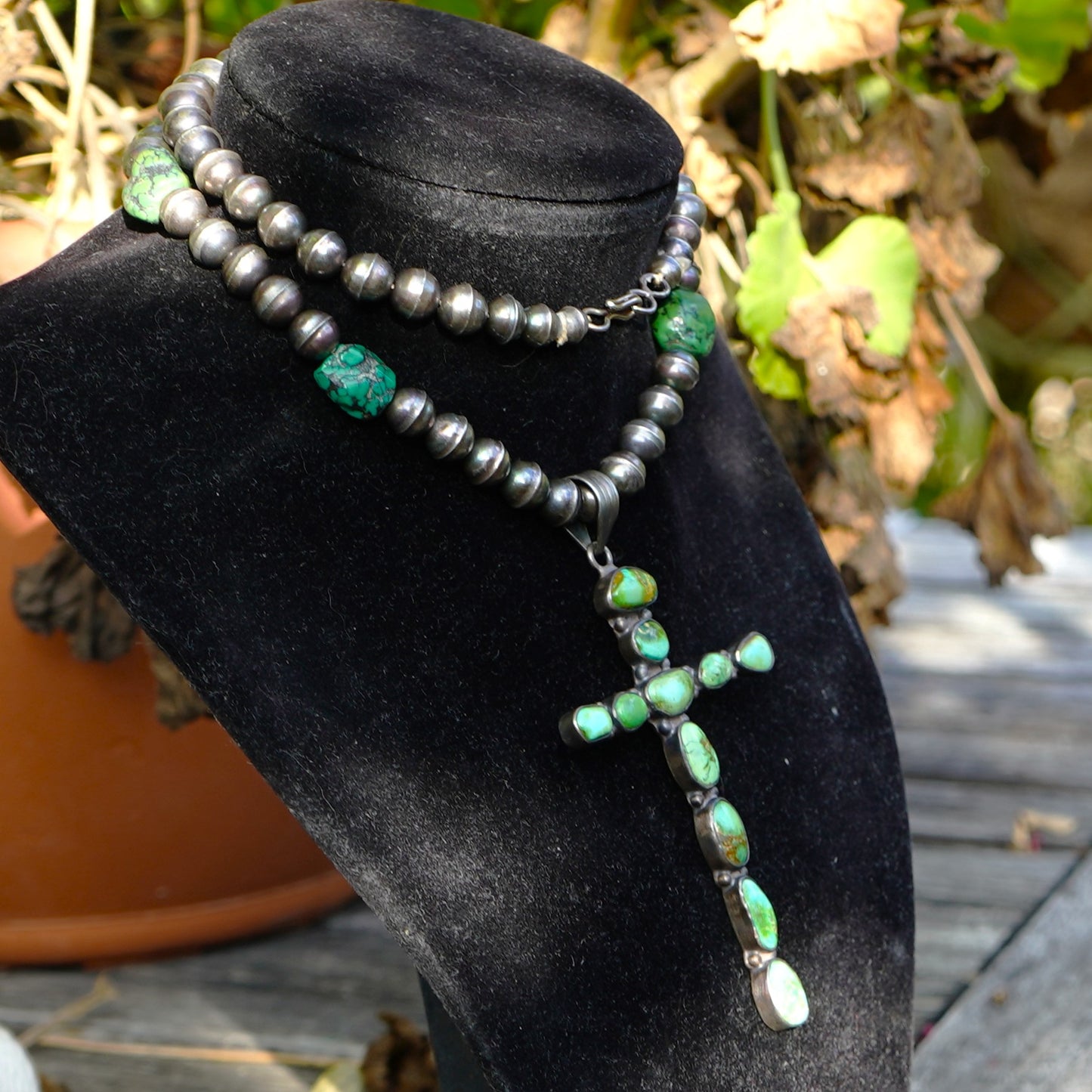 Vintage Sterling Silver Green Turquoise Cross Necklace