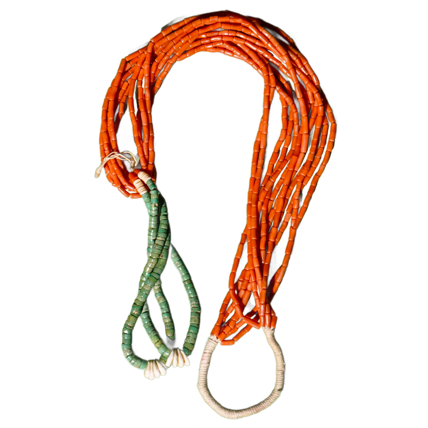 Six Strand Coral Necklace With Green Jacla