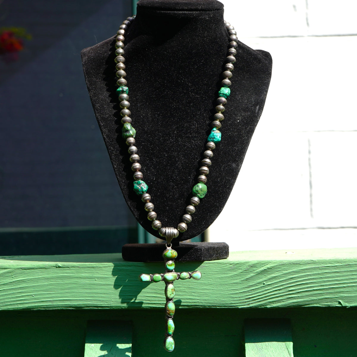 Vintage Sterling Silver Green Turquoise Cross Necklace
