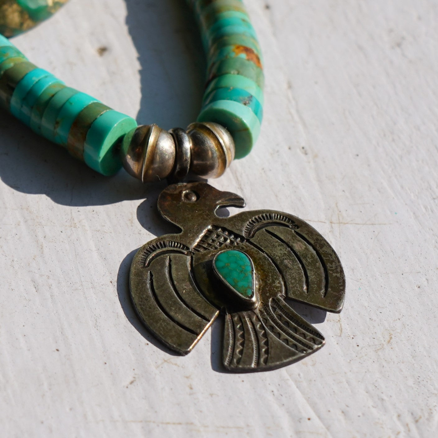 Thunderbird Pendant Turquoise Heishi Necklace