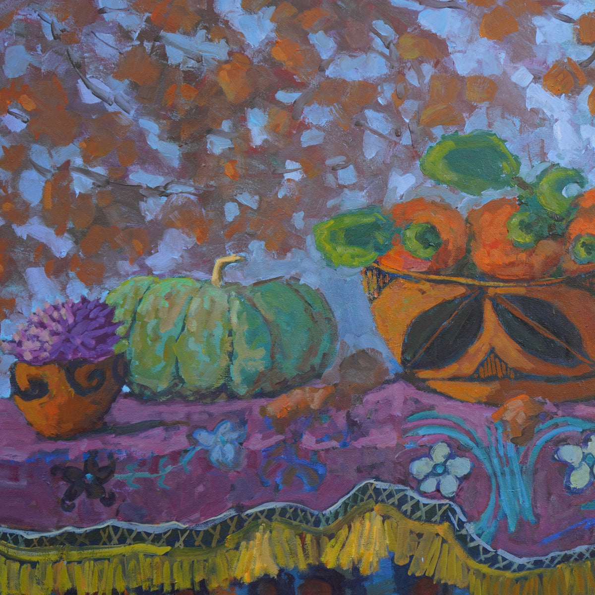 Hopi Dough Bowl With Persimmons Painting