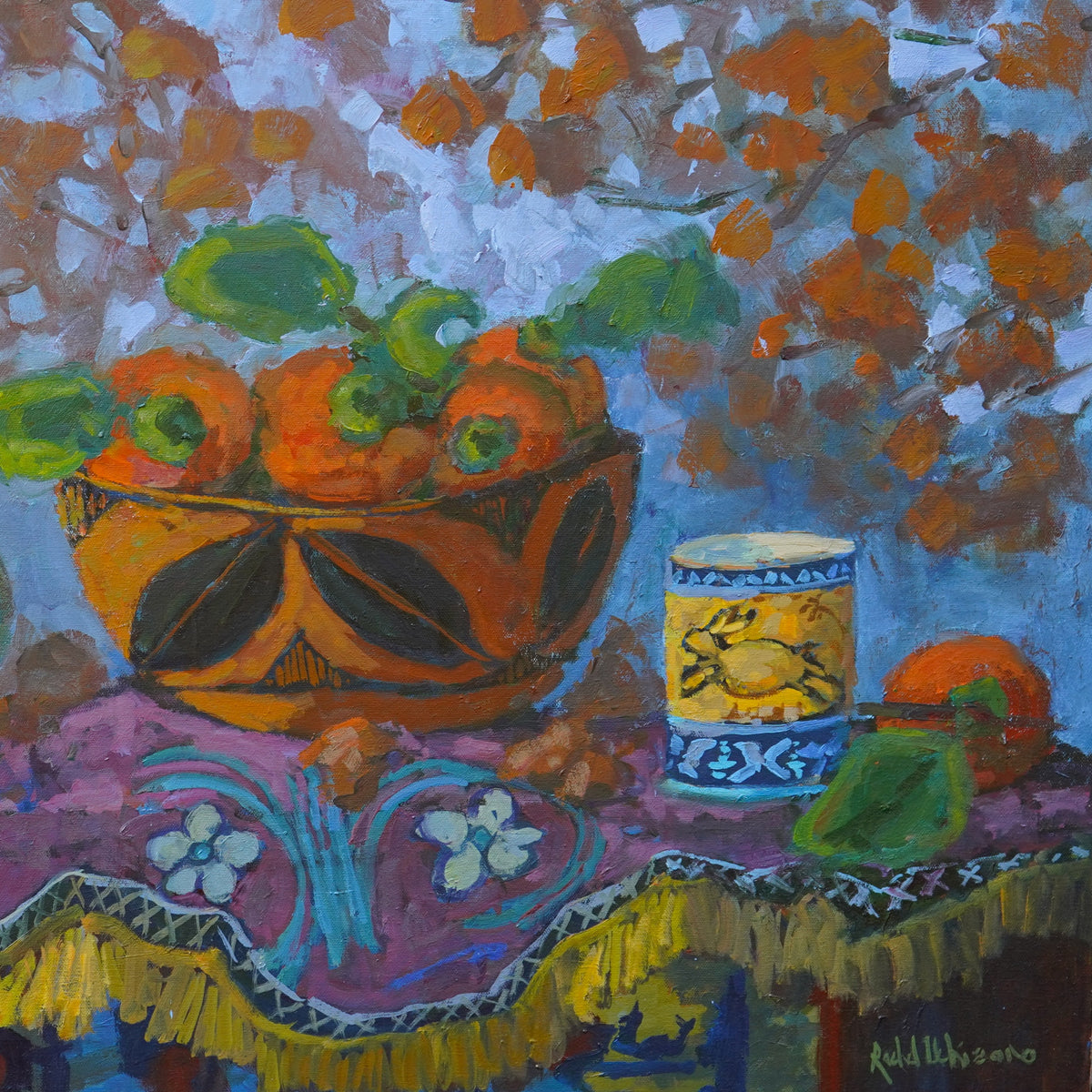 Hopi Dough Bowl With Persimmons Painting