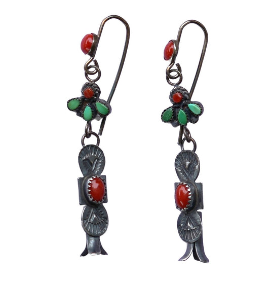 Vintage Coral And Green Turquoise Squash Blossom Earrings