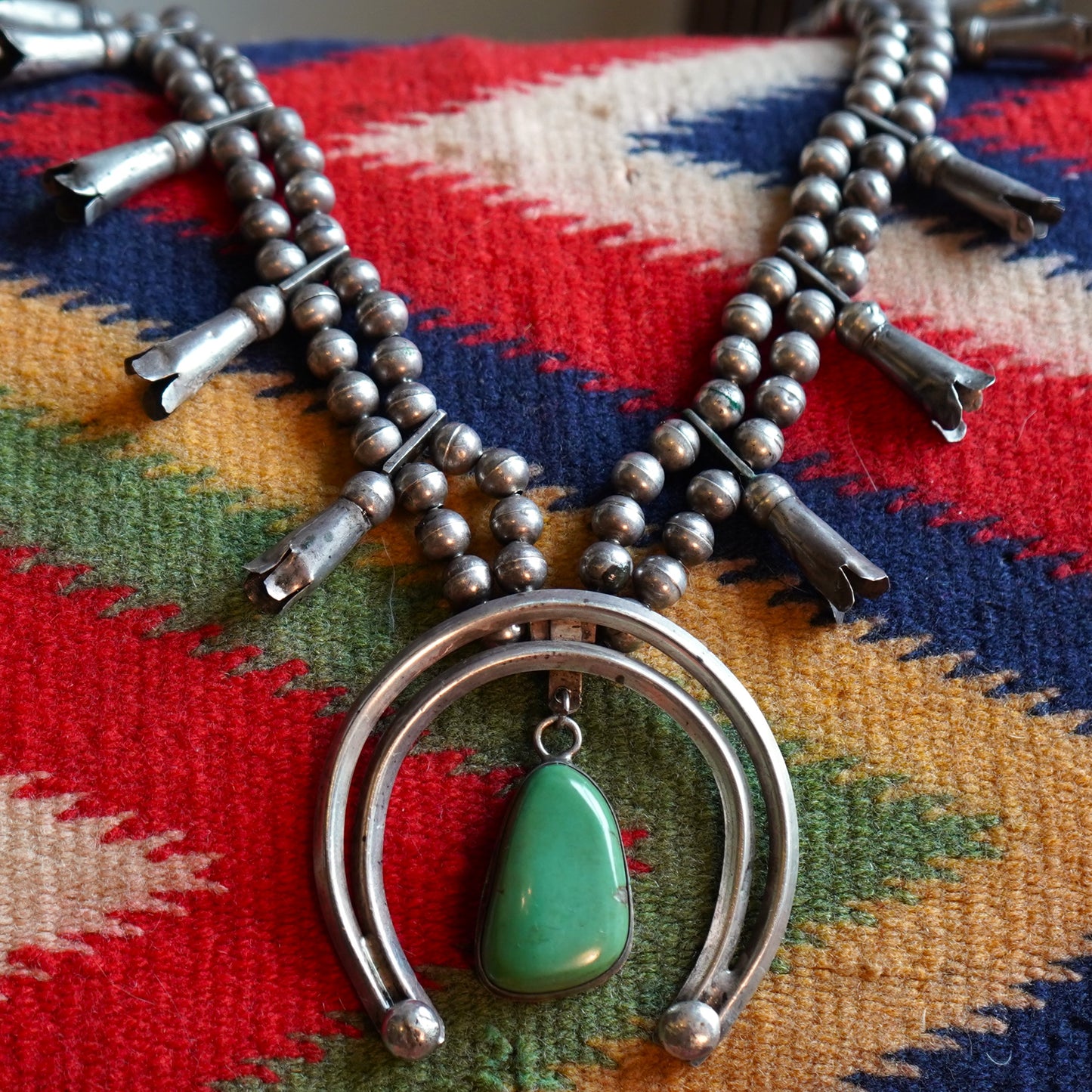 Vintage Navajo Squash Blossom Necklace With Large Fox Turquoise Stone