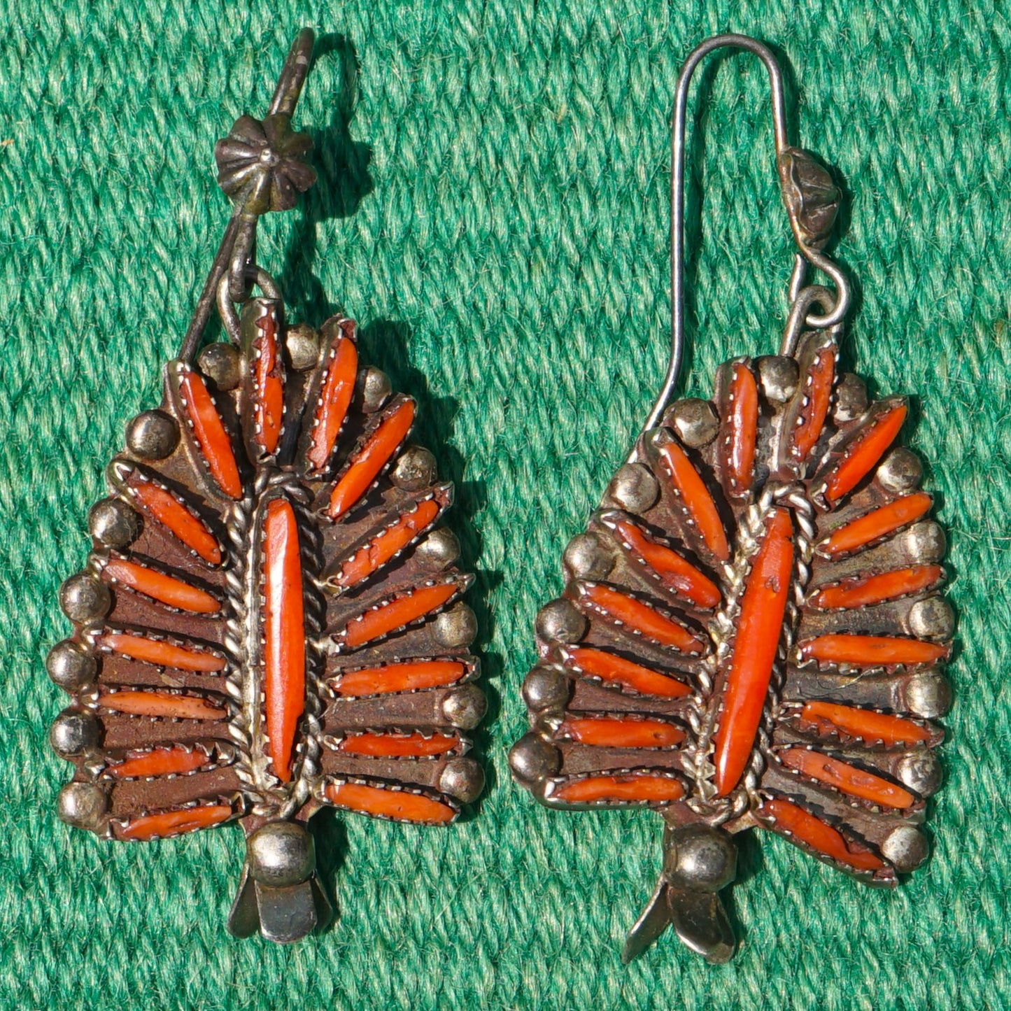 Vintage Zuni Coral Needle Point Squash Blossom Earrings
