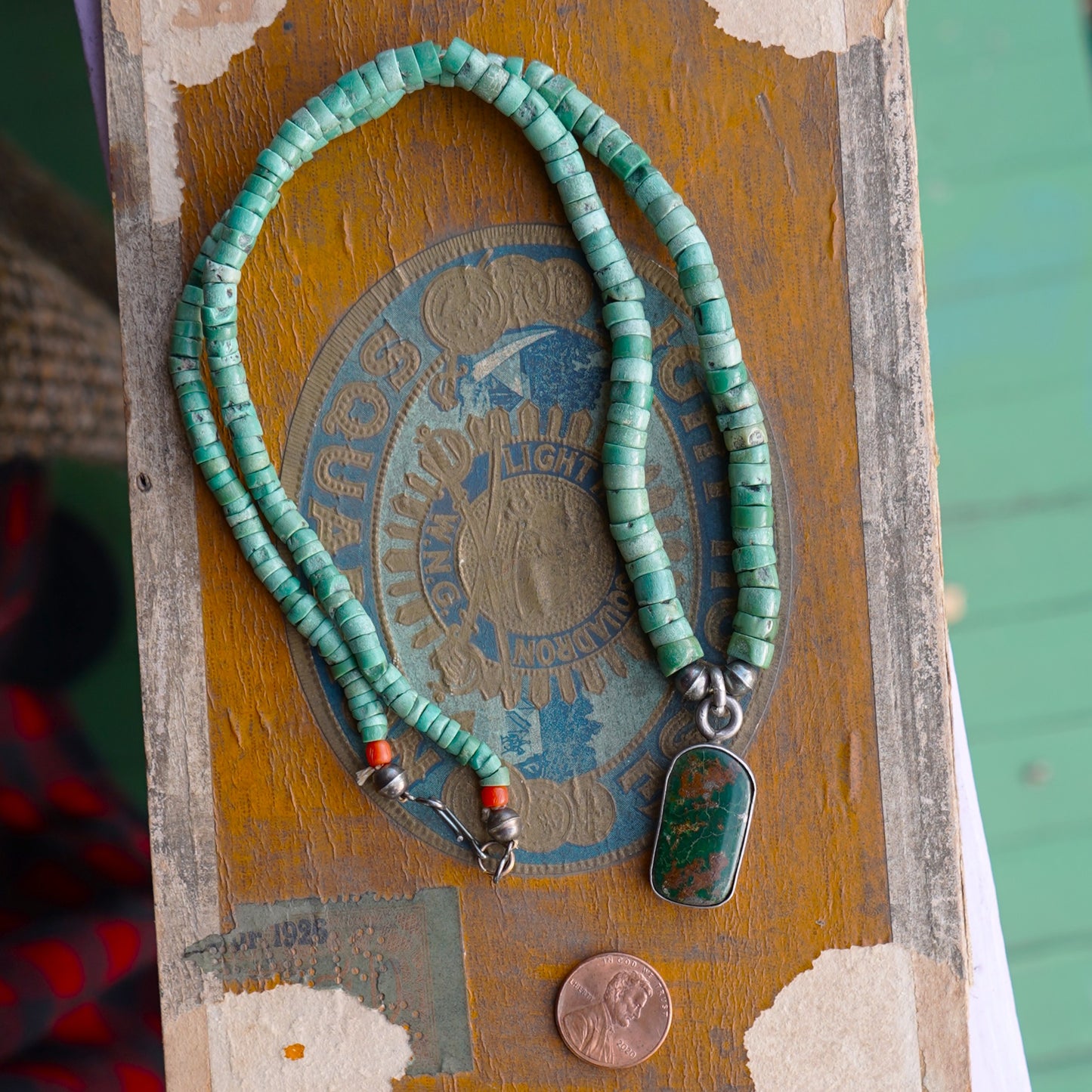 Old Turquoise Heishi Necklace With Green Turquoise Pendant