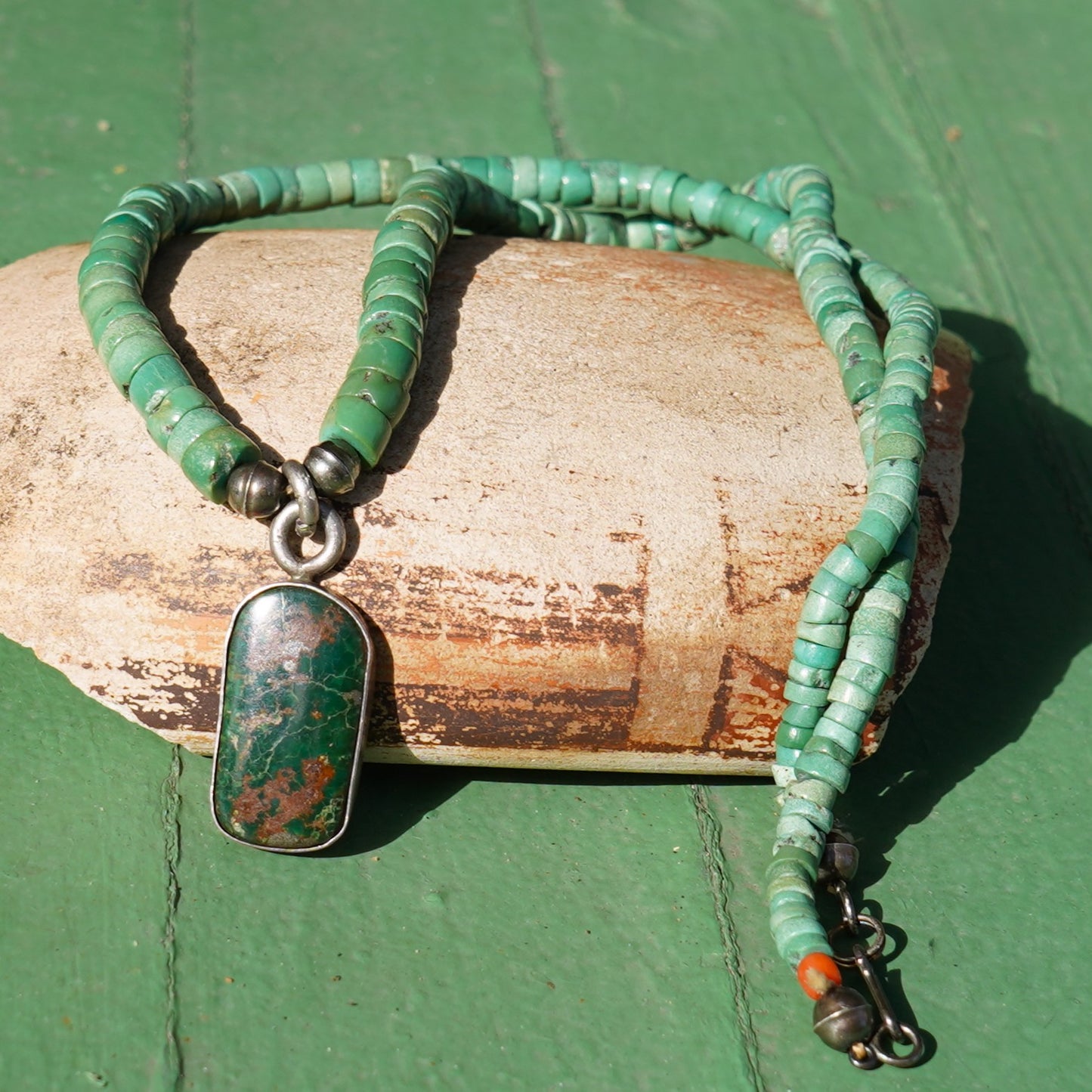 Old Turquoise Heishi Necklace With Green Turquoise Pendant