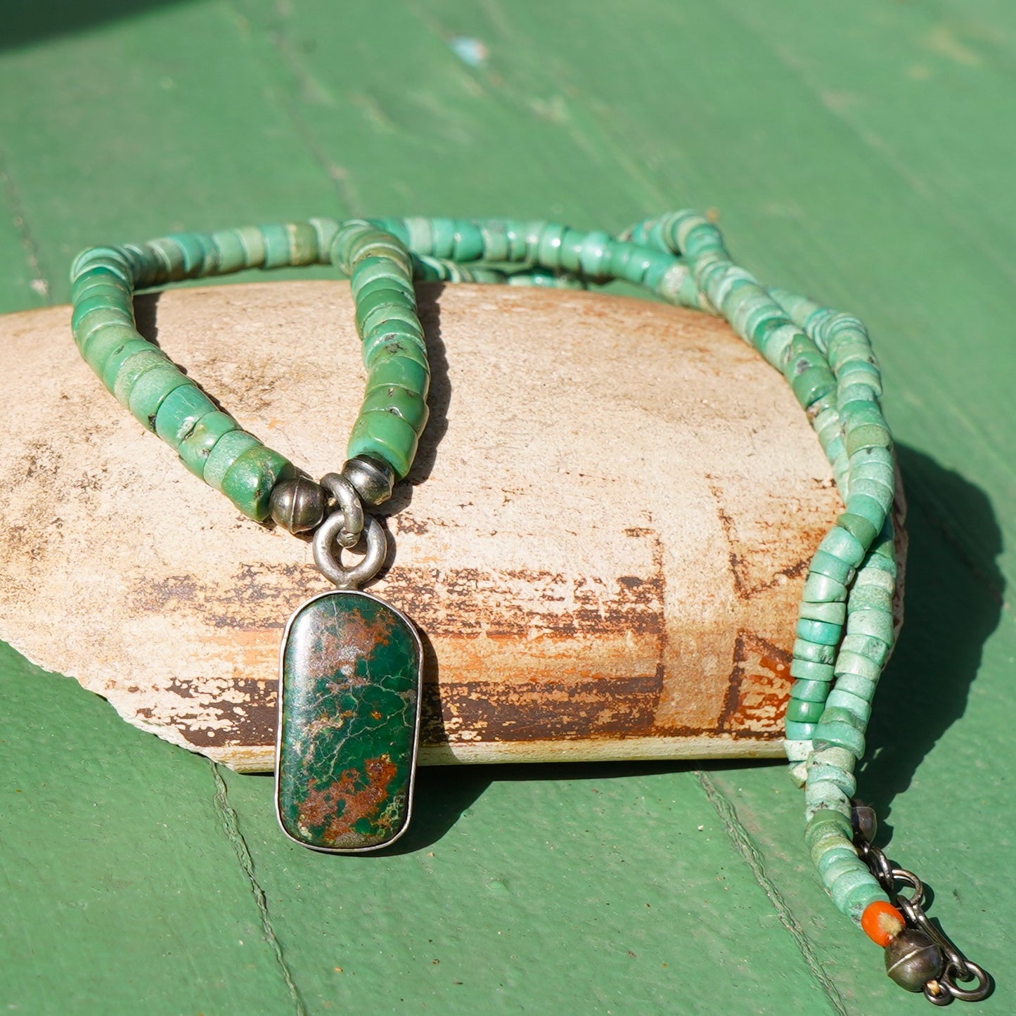 Old Turquoise Heishi Necklace With Green Turquoise Pendant