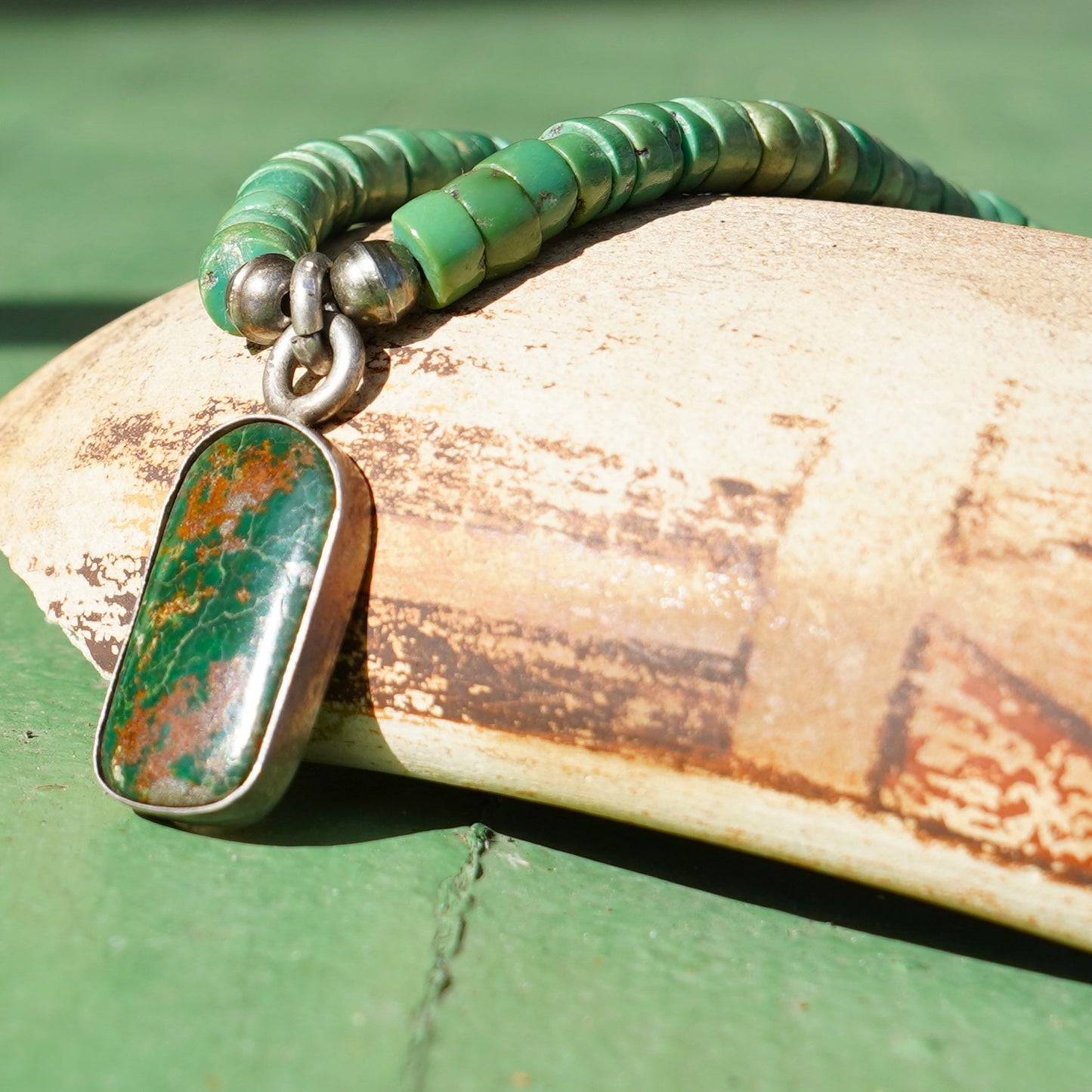 Old Turquoise Heishi Necklace With Green Turquoise Pendant