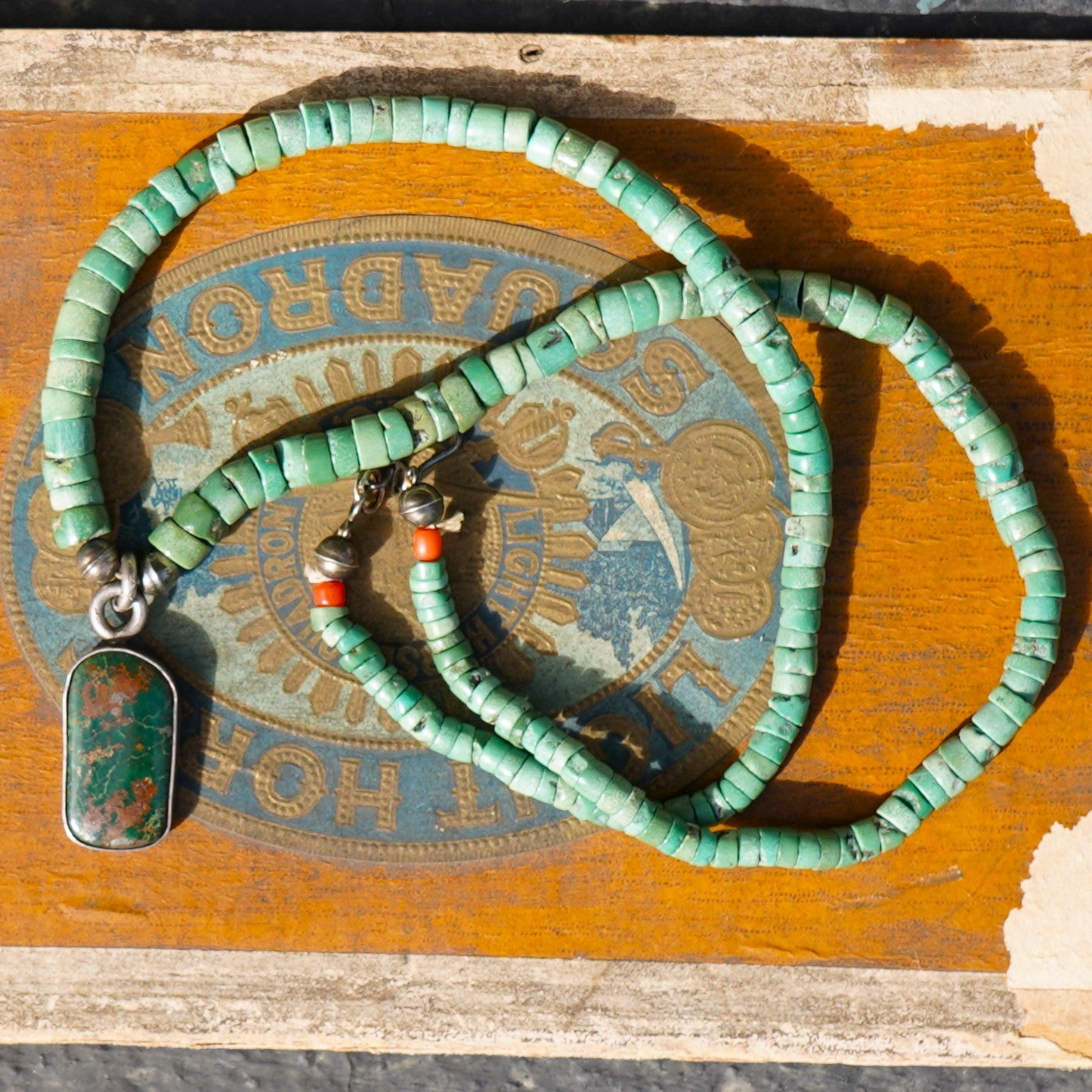 Old Turquoise Heishi Necklace With Green Turquoise Pendant