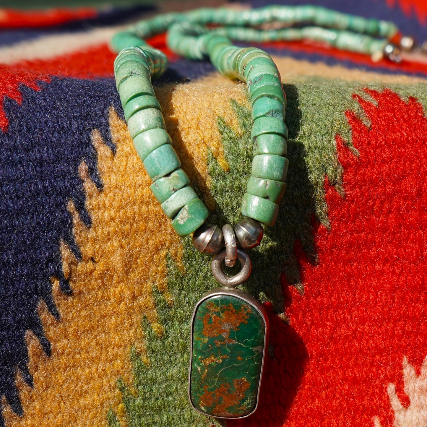 Old Turquoise Heishi Necklace With Green Turquoise Pendant