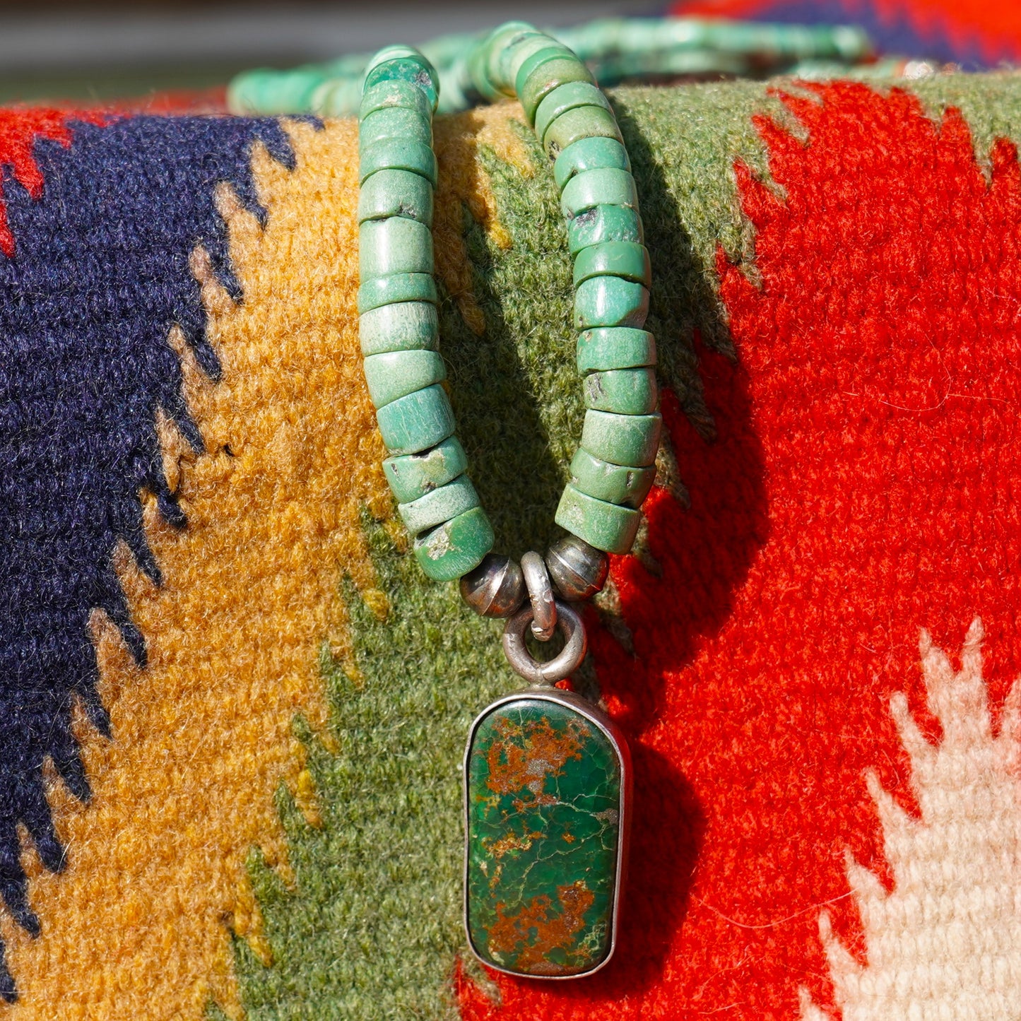 Old Turquoise Heishi Necklace With Green Turquoise Pendant