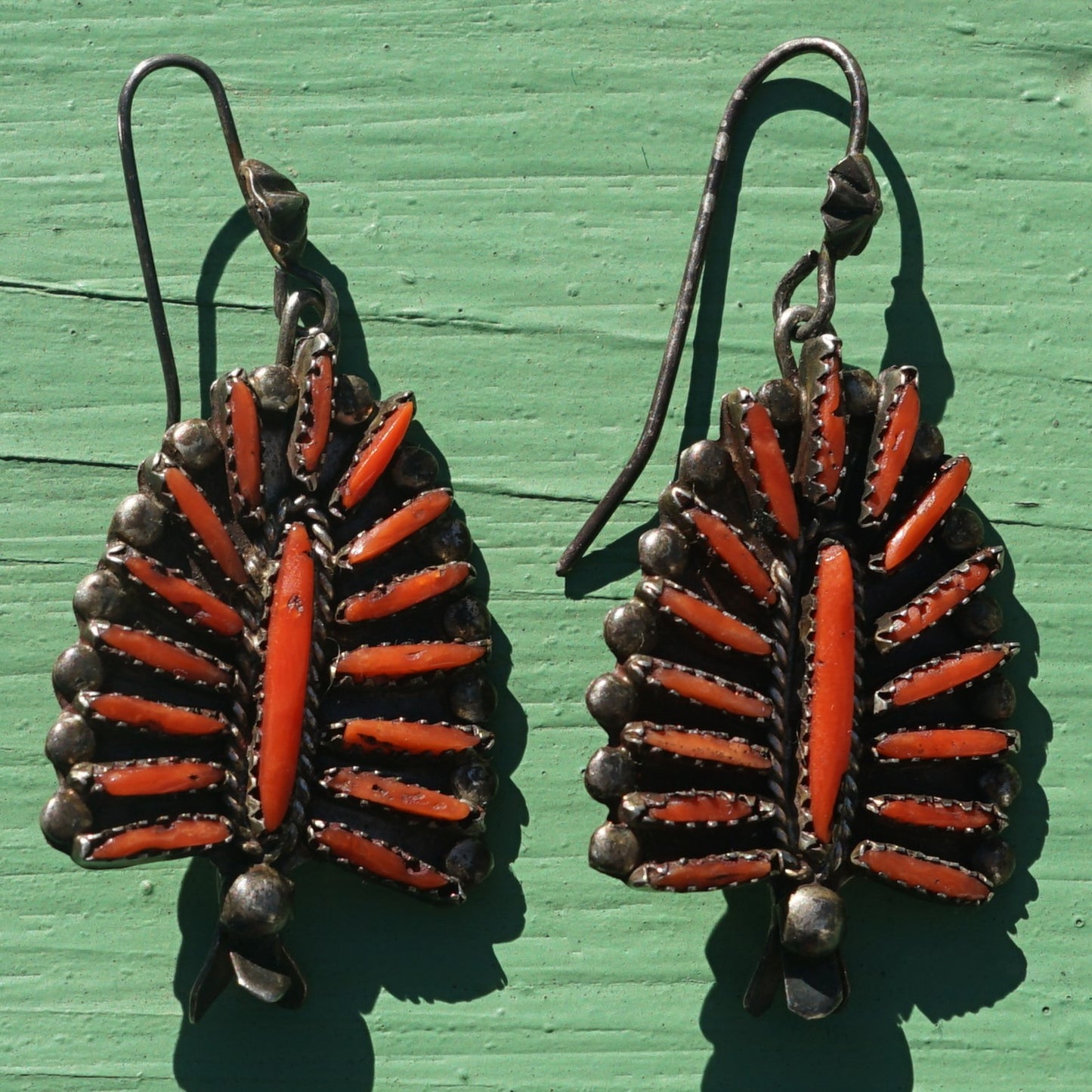 Vintage Zuni Coral Needle Point Squash Blossom Earrings
