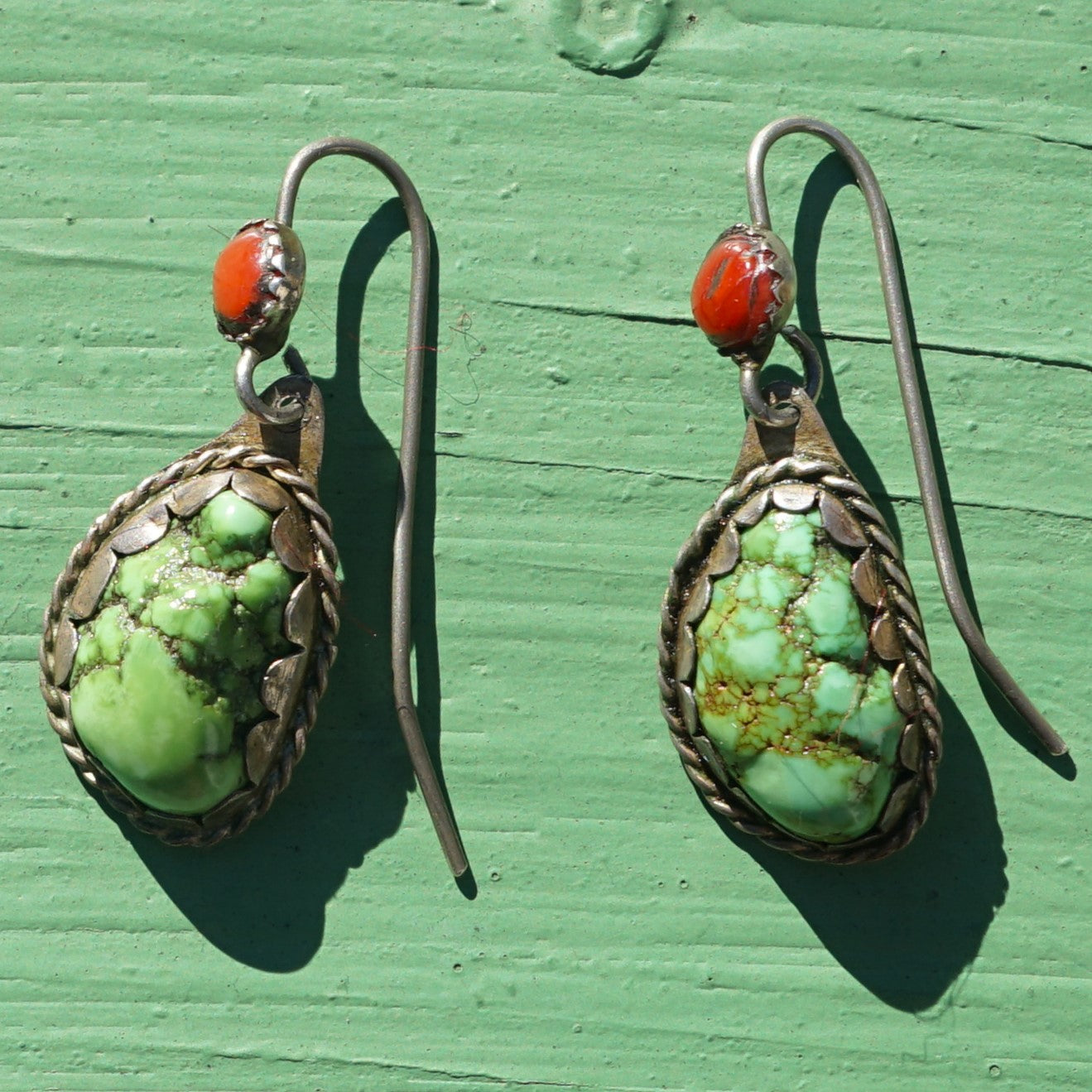 Vintage Green Turquoise Earrings With Red Coral