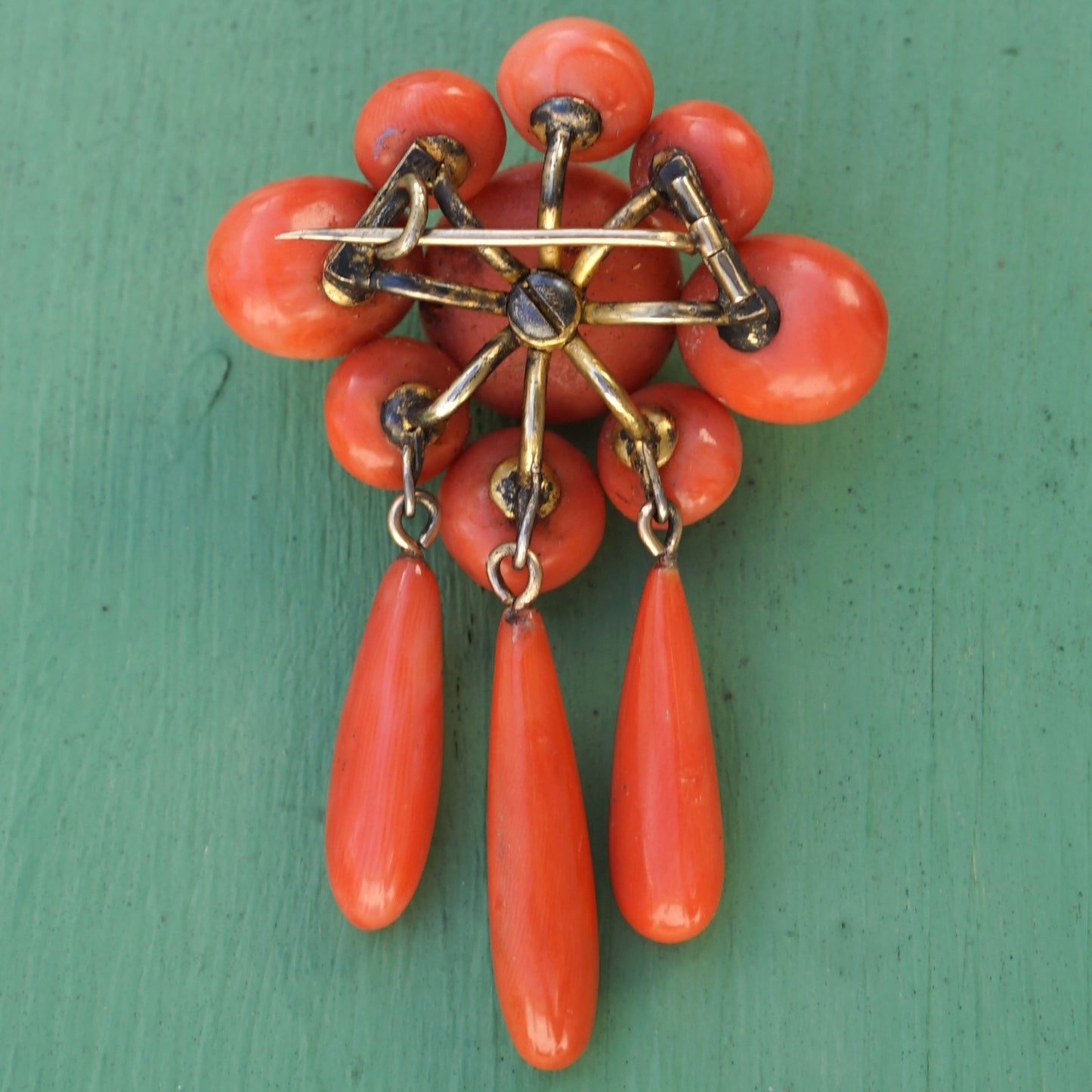 Large Victorian Coral Brooch With Coral Drops