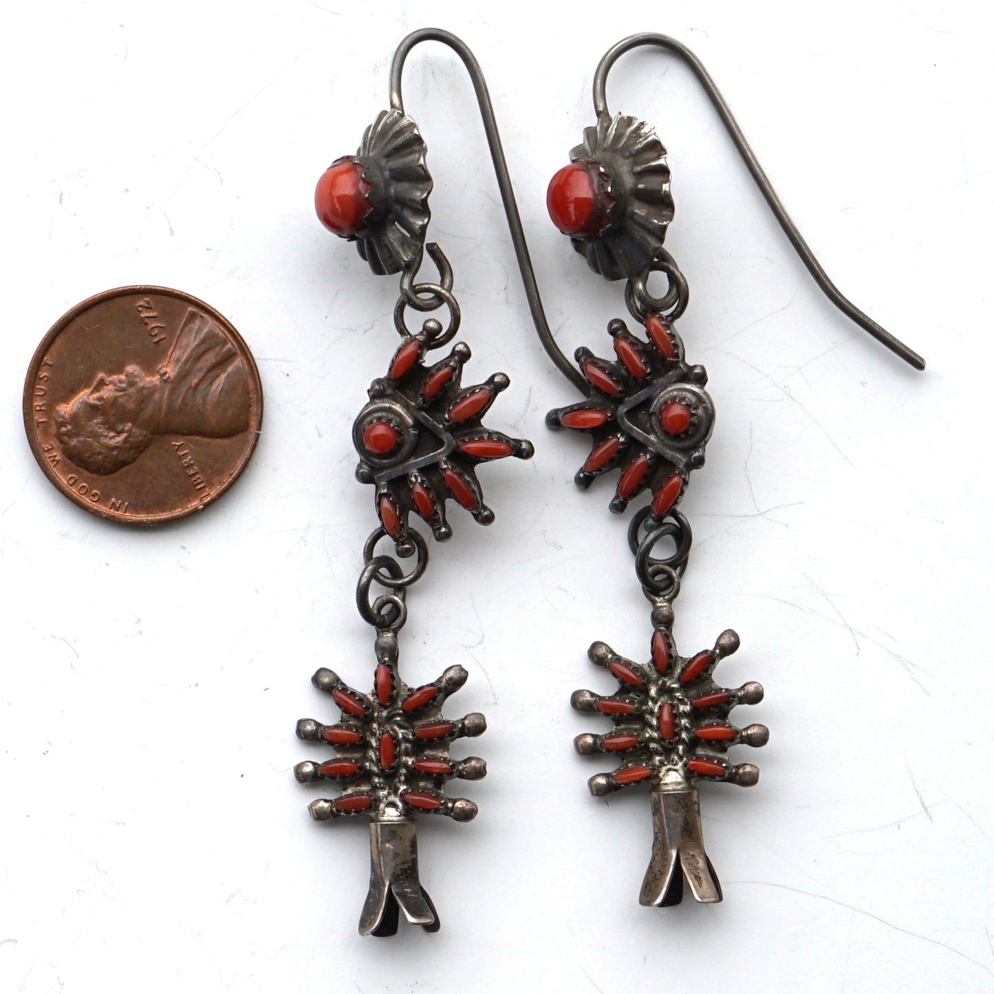 Vintage Zuni Coral Squash Blossom Earrings