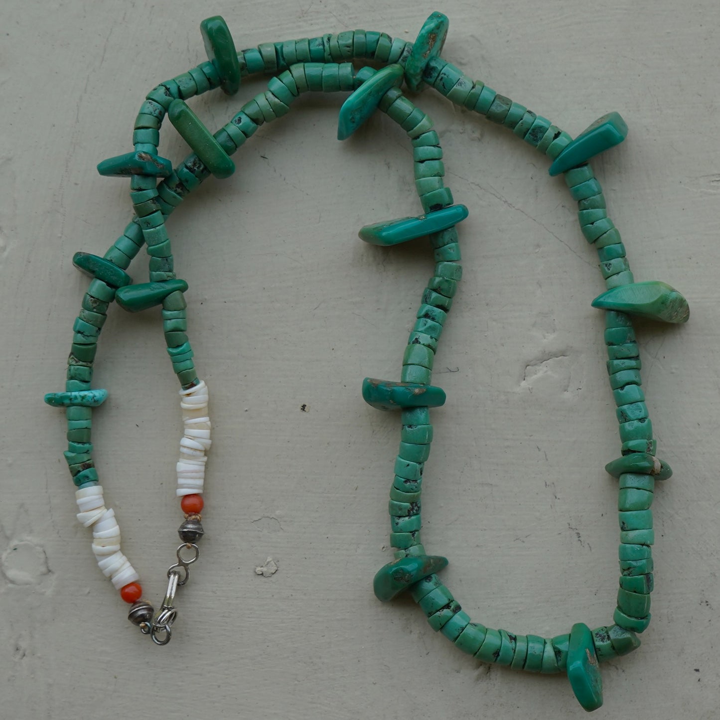 Old  Green Turquoise Heishi And Tab Necklace