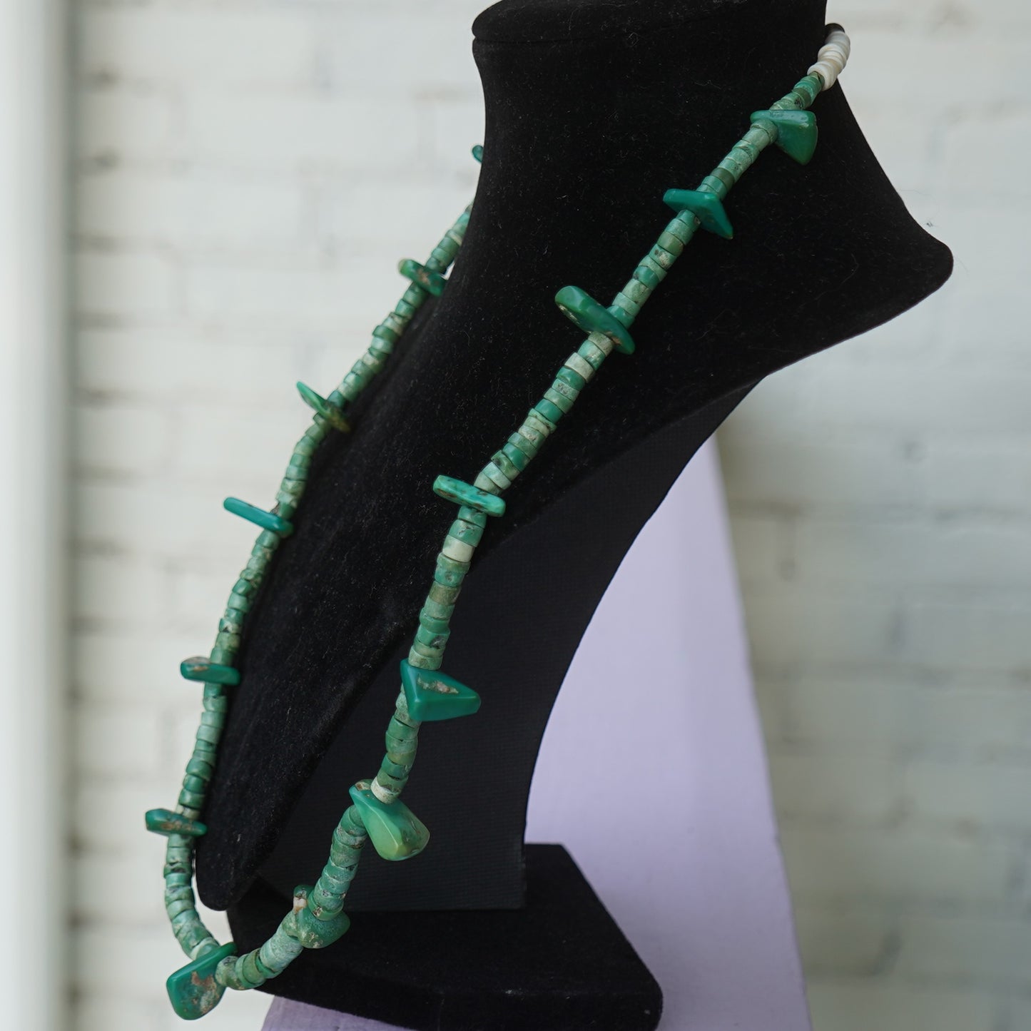 Old  Green Turquoise Heishi And Tab Necklace