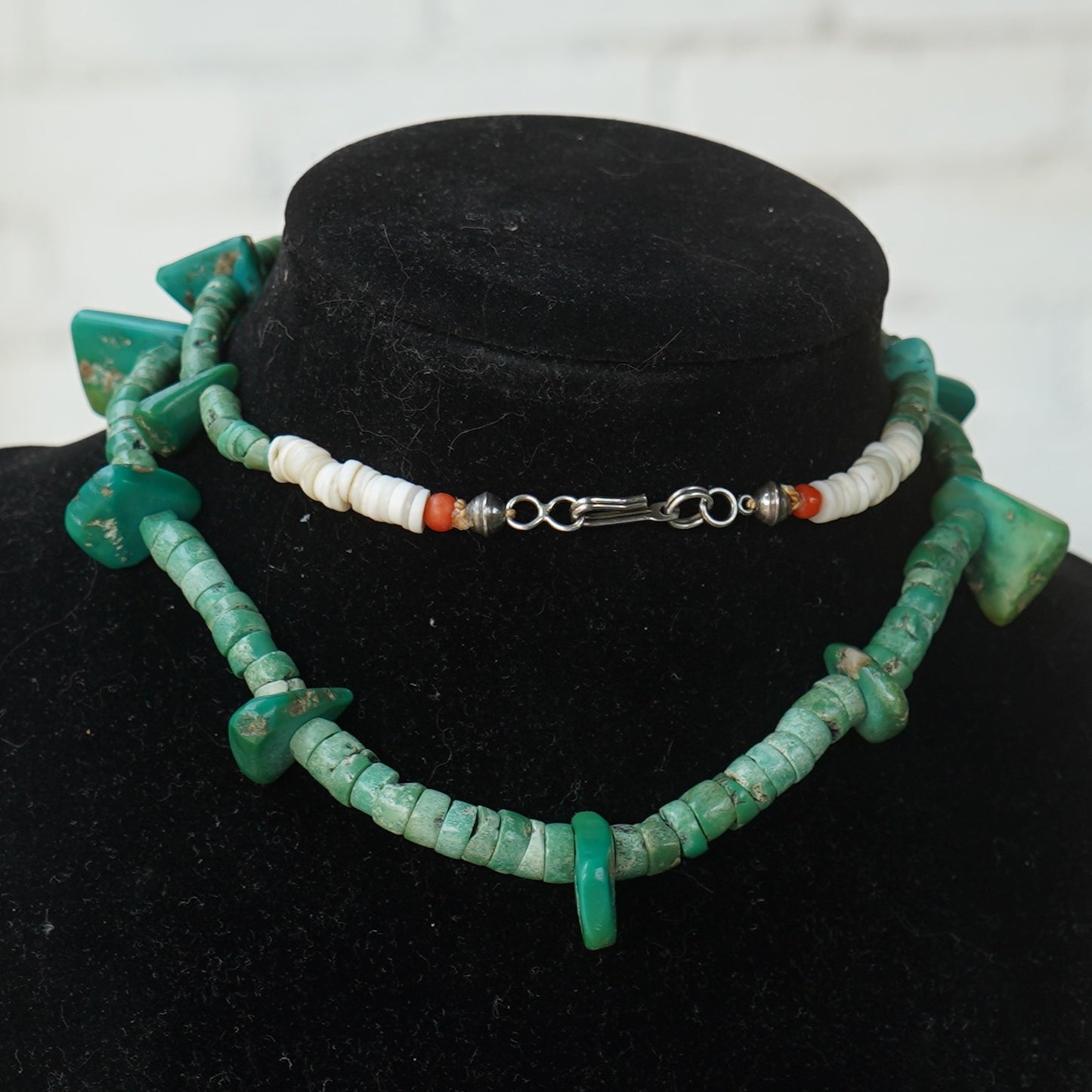 Old  Green Turquoise Heishi And Tab Necklace