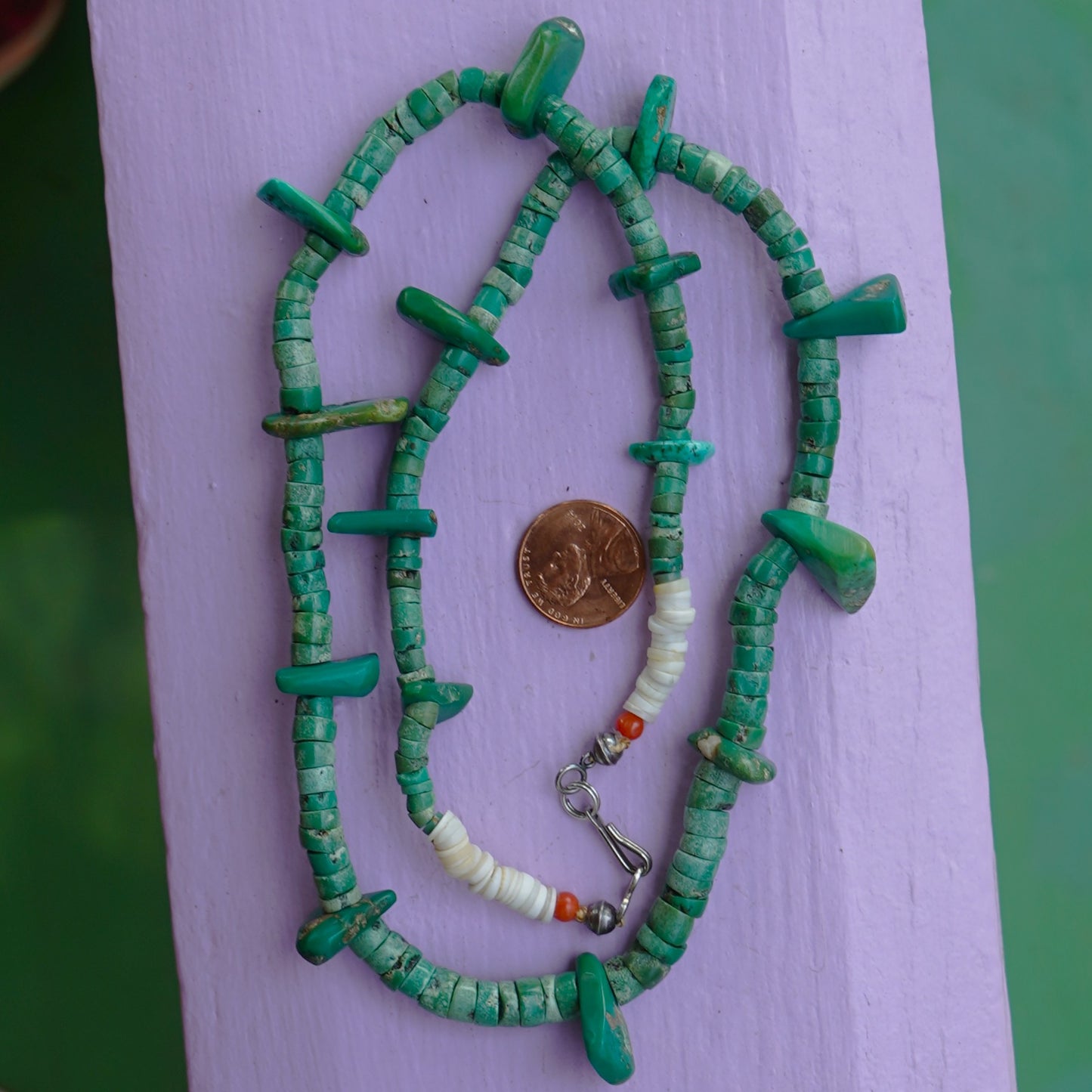 Old  Green Turquoise Heishi And Tab Necklace