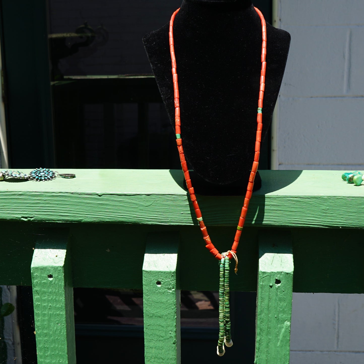 Mediterranean Single Strand Coral Necklace With Green Turquoise Jacla
