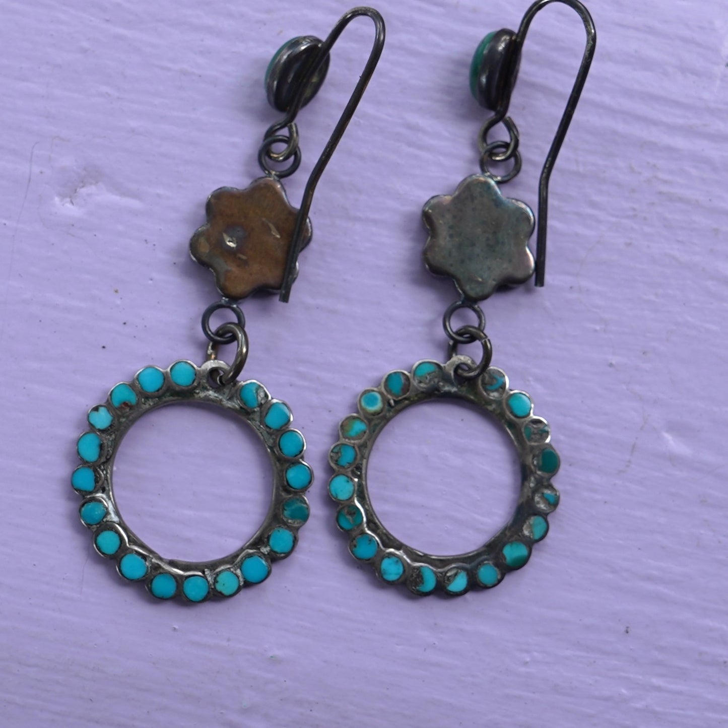 Vintage Turquoise Zuni Inlay Channel Set Turquoise Earrings