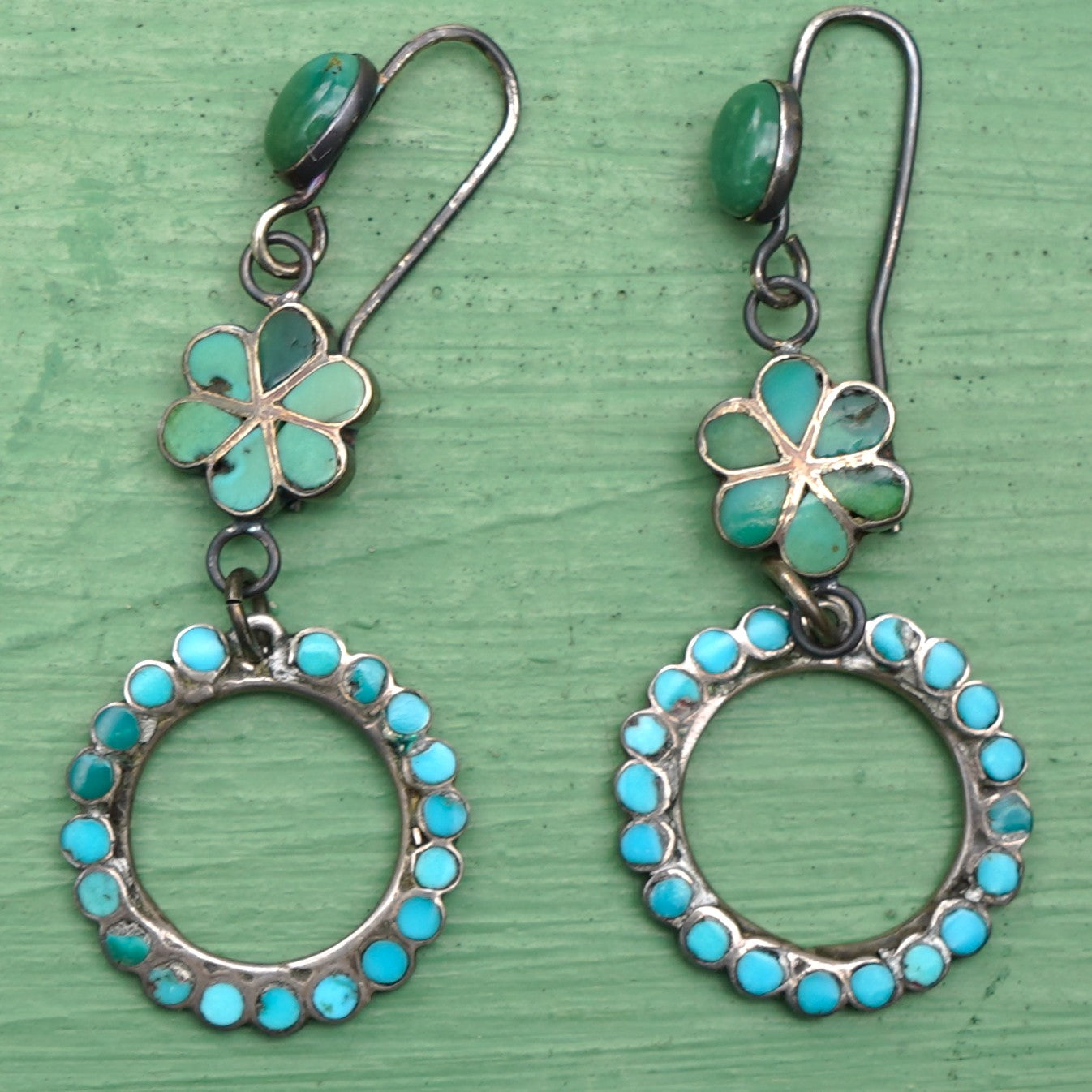 Vintage Turquoise Zuni Inlay Channel Set Turquoise Earrings