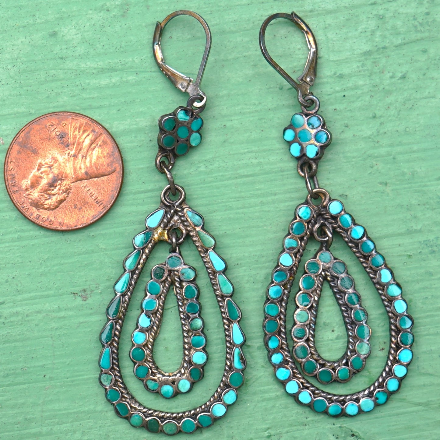 Vintage Turquoise Inlay Zuni Dangle Earrings