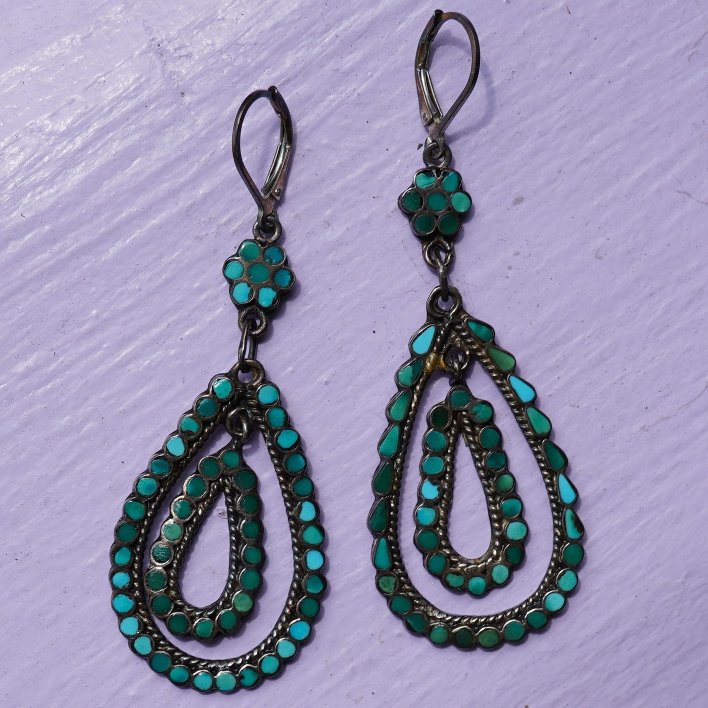 Vintage Turquoise Inlay Zuni Dangle Earrings