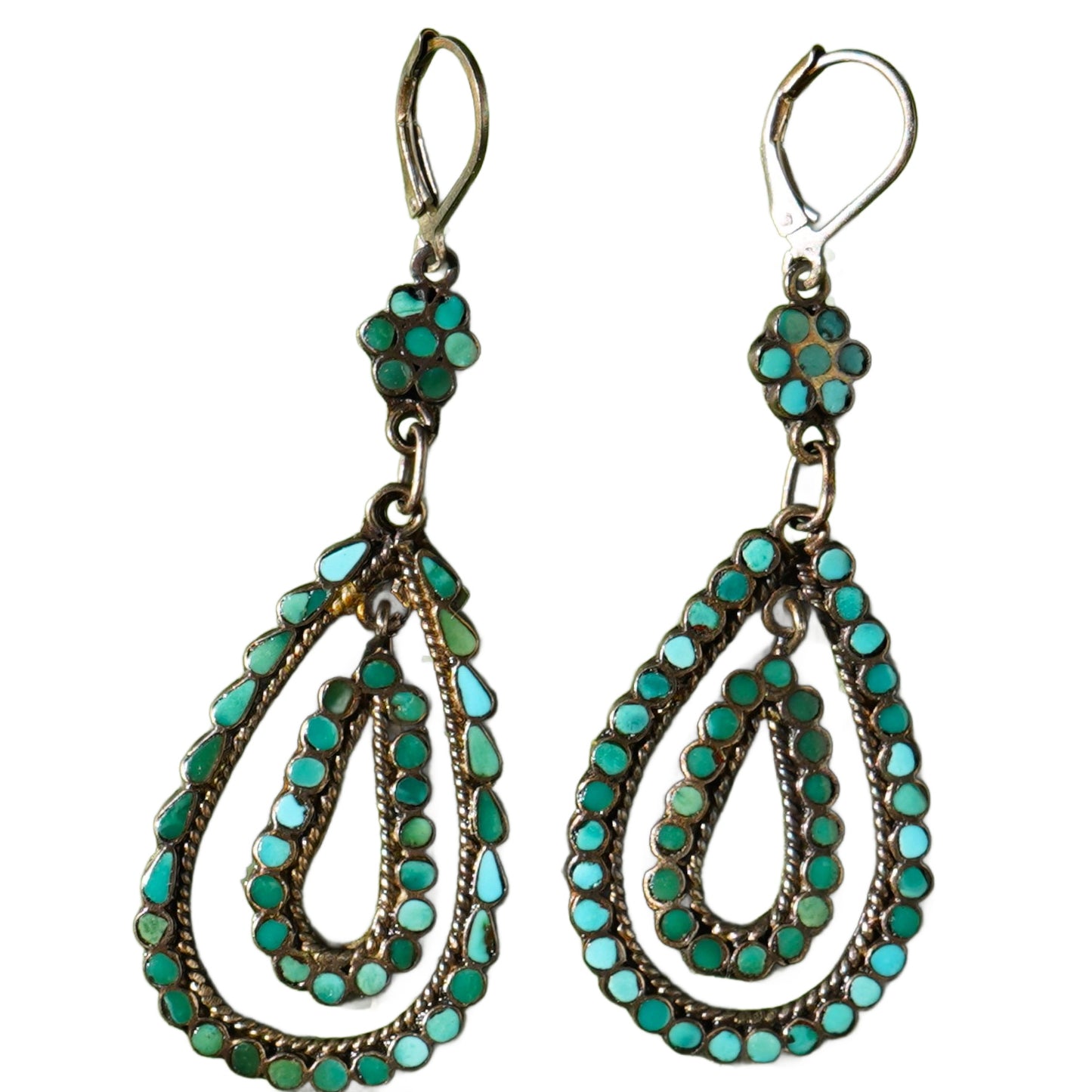 Vintage Turquoise Inlay Zuni Dangle Earrings