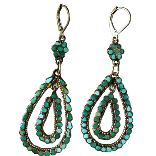 Vintage Turquoise Inlay Zuni Dangle Earrings