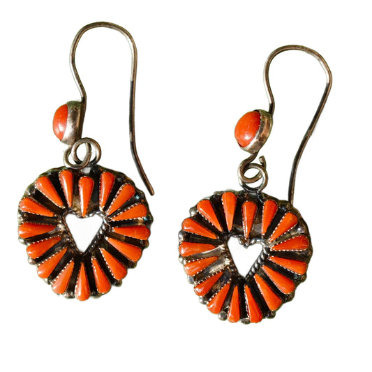Vintage Zuni Coral Heart Earrings