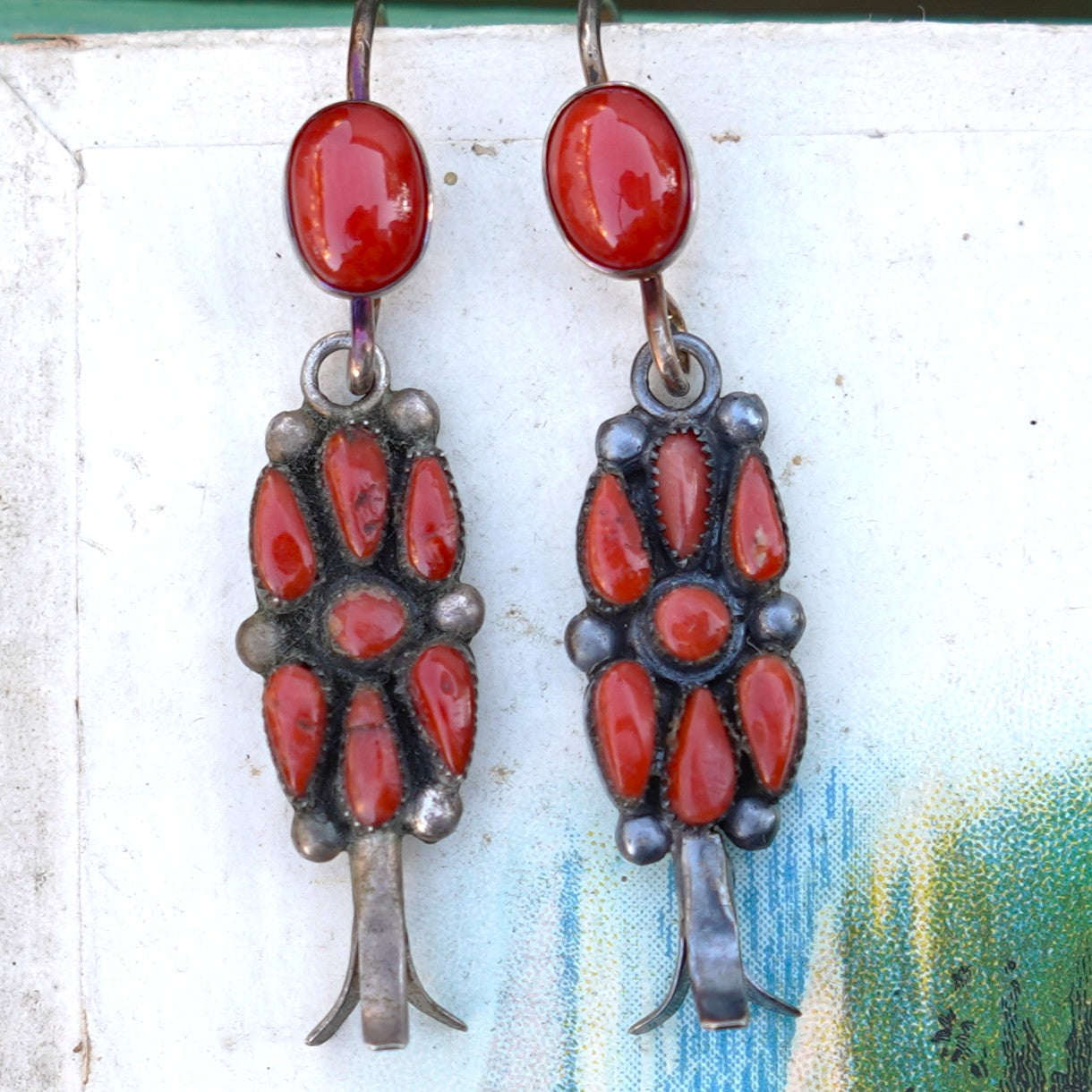 Old Navajo Coral Squash Blossom Earrings