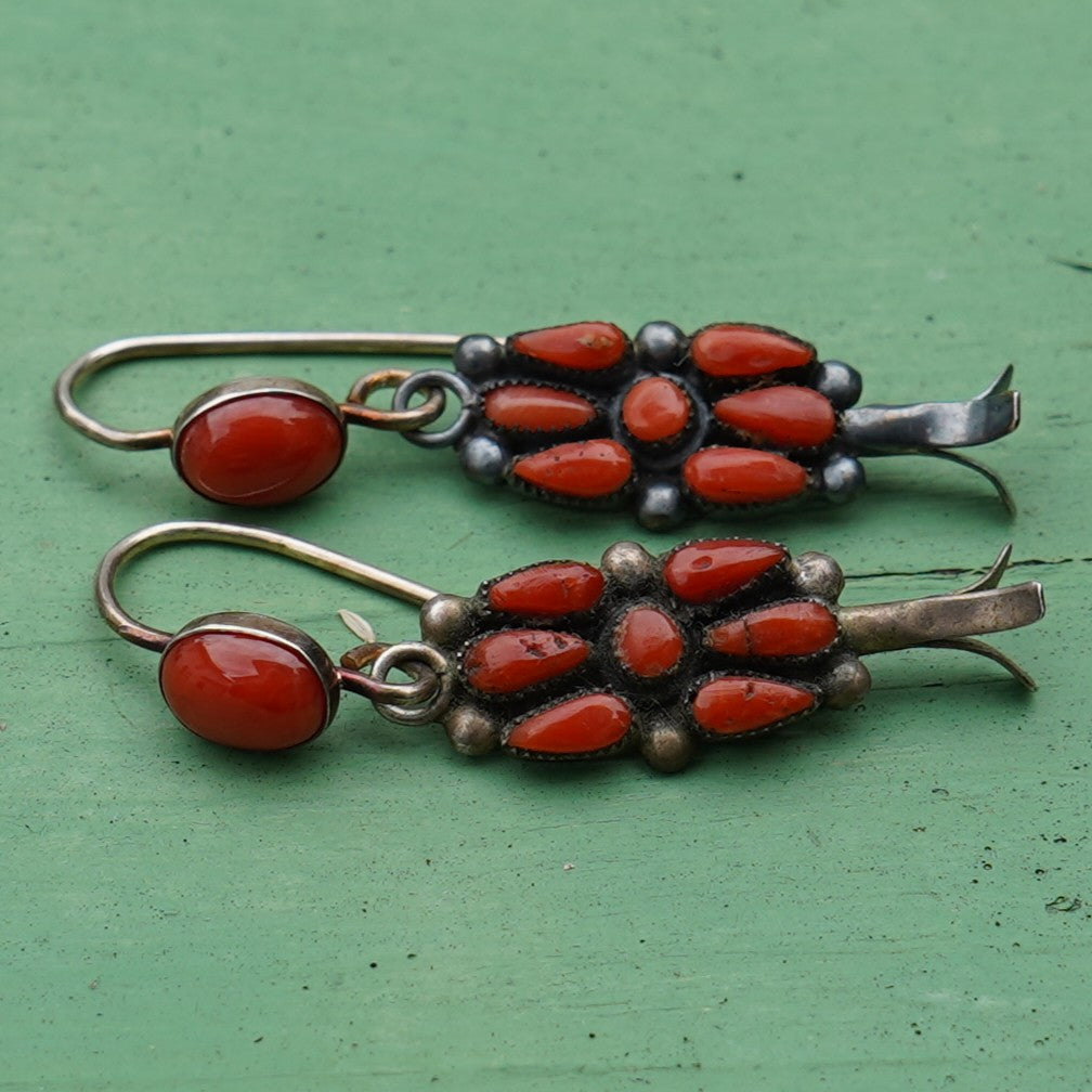 Old Navajo Coral Squash Blossom Earrings