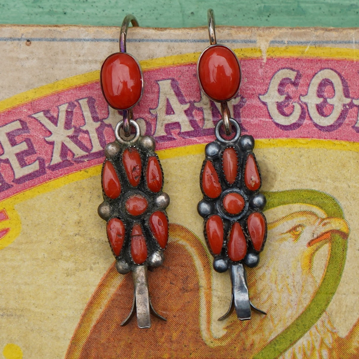 Old Navajo Coral Squash Blossom Earrings