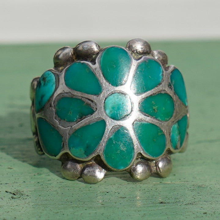 Vintage Zuni Turquoise Flower Inlay Ring