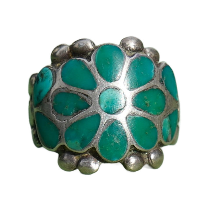 Vintage Zuni Turquoise Flower Inlay Ring