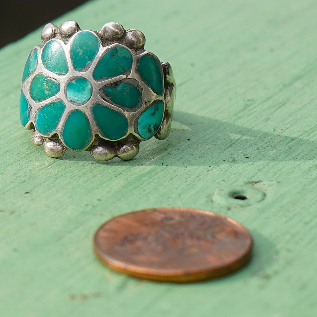 Vintage Zuni Turquoise Flower Inlay Ring